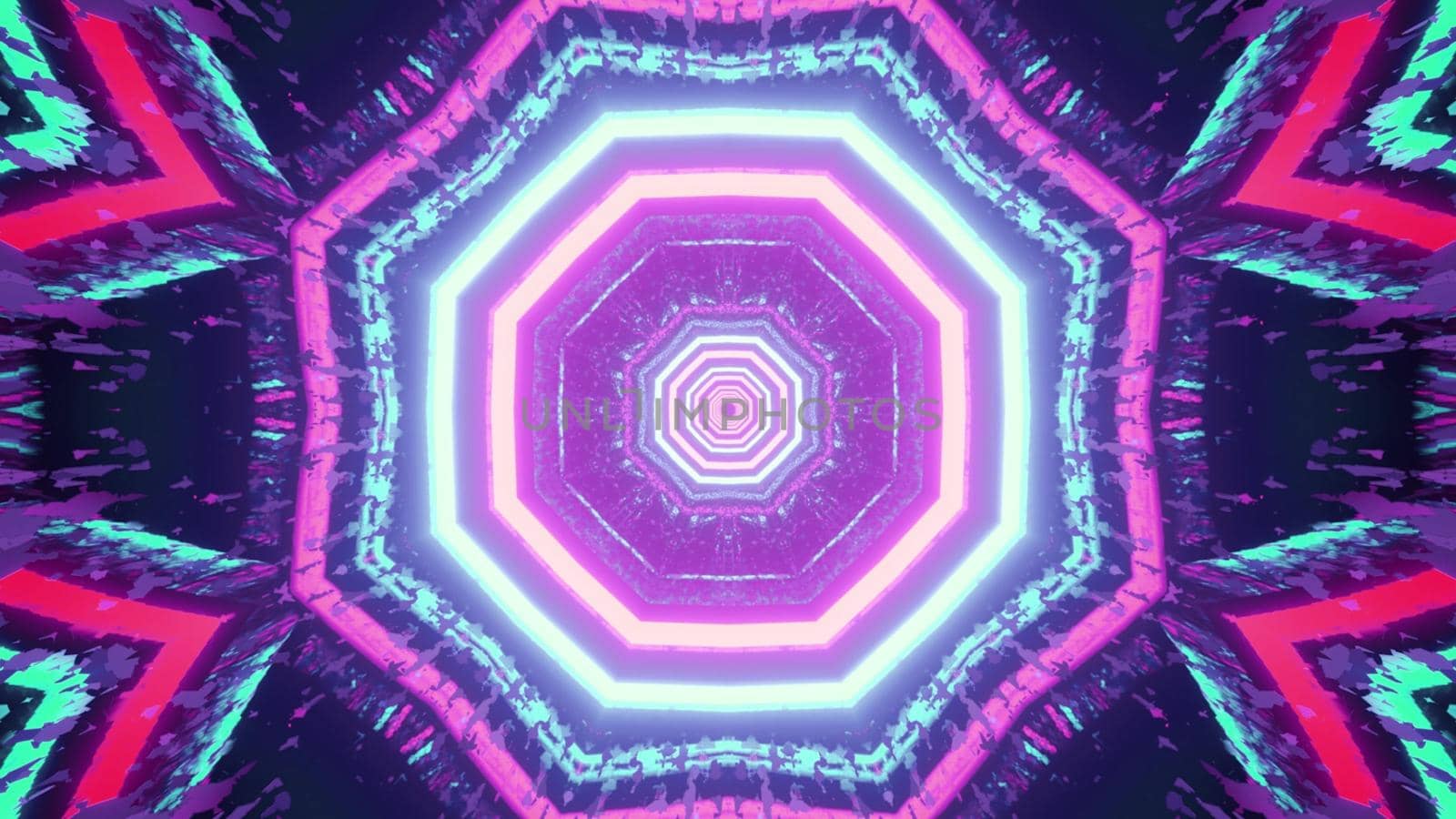 Colorful kaleidoscopic lines forming symmetric abstract pattern glowing in dark tunnel in 3D illustration