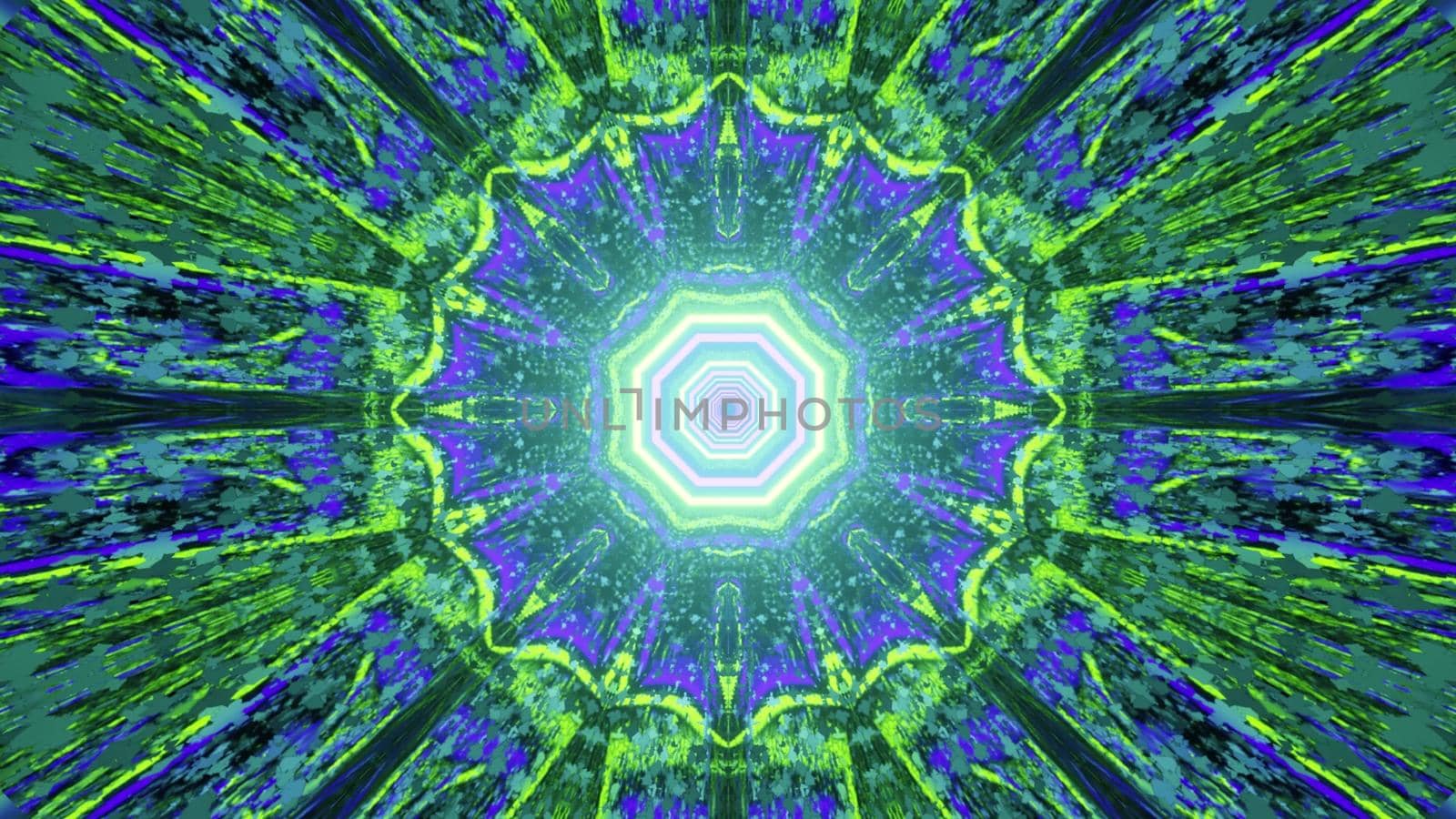 Abstract background of symmetric illuminated kaleidoscope pattern with bright rays in 3D illustration