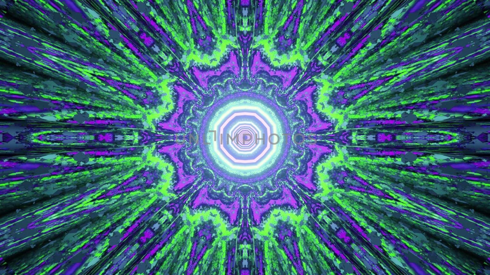 Abstract bright neon illumination forming fractal kaleidoscope pattern with symmetric rays as background in 3D illustration