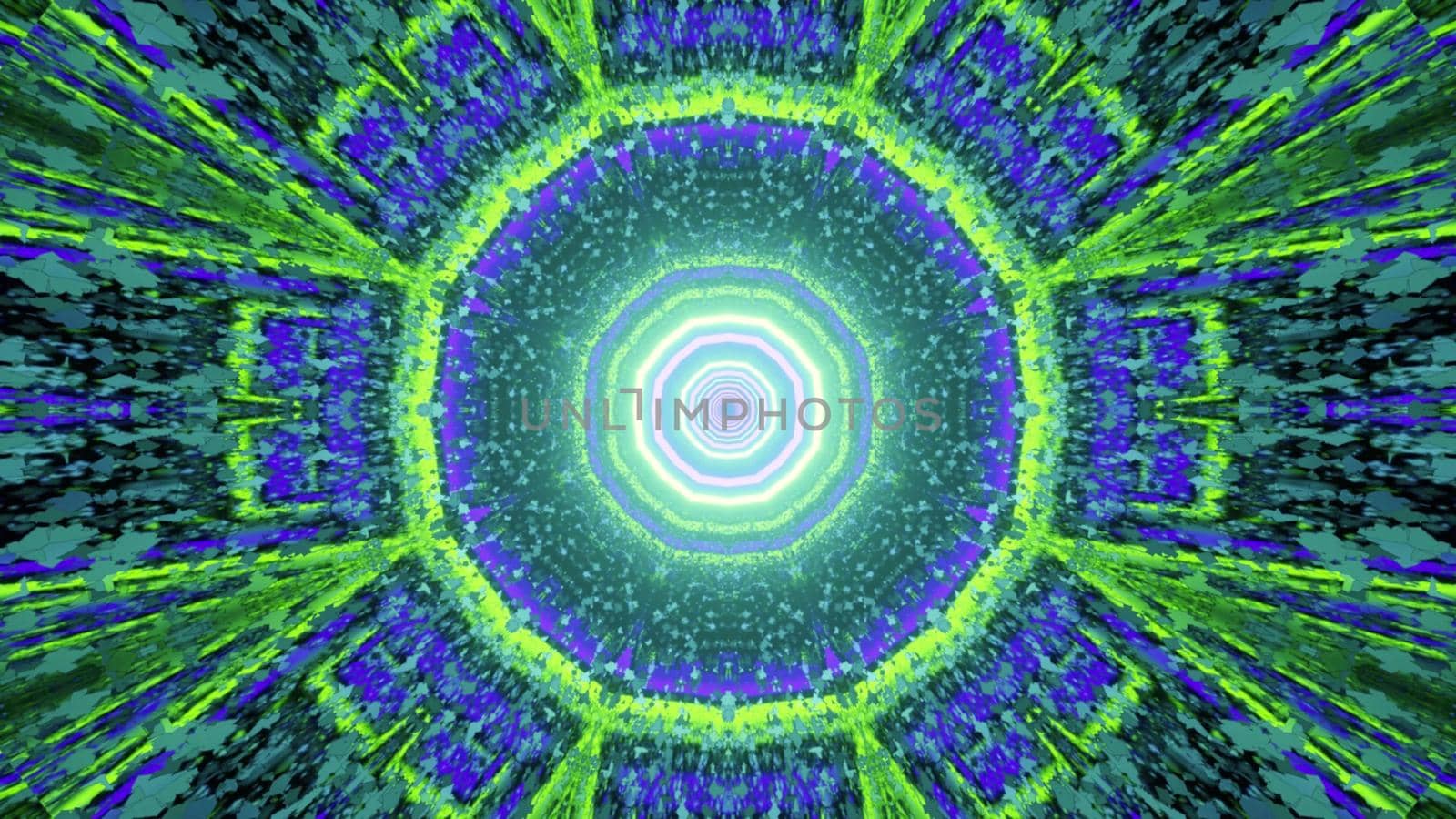 3D illustration of circular futuristic pattern with neon lights and symmetric rays glowing in tunnel