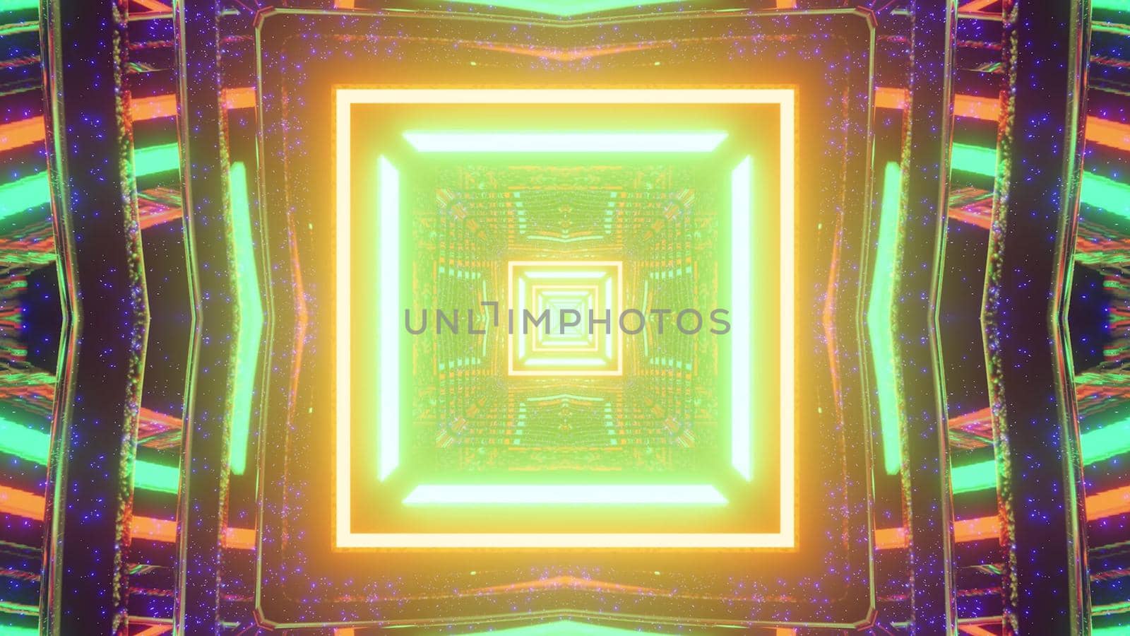 3D illustration of square shaped patter with bright colorful neon illumination reflecting in glowing lines as abstract background