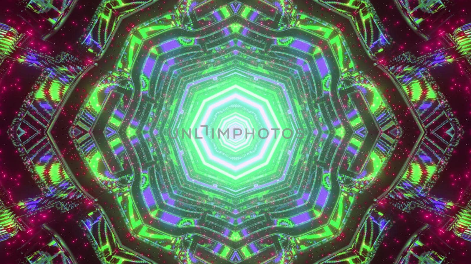 3D illustration of dark tunnel with ornamental kaleidoscope pattern with glowing neon lights as fractal background