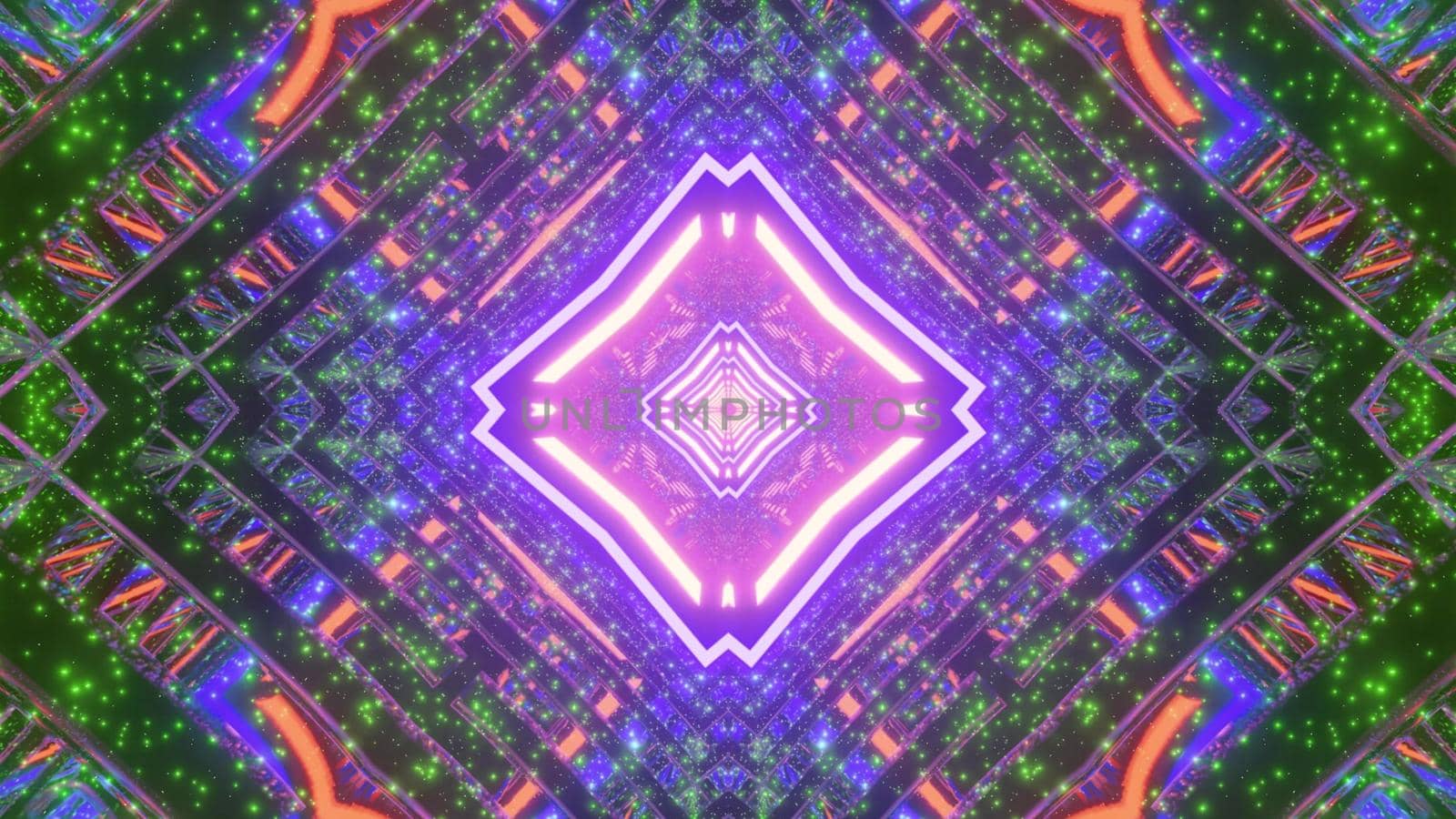 3D illustration of futuristic colorful pattern with geometric shapes and neon illumination as abstract background