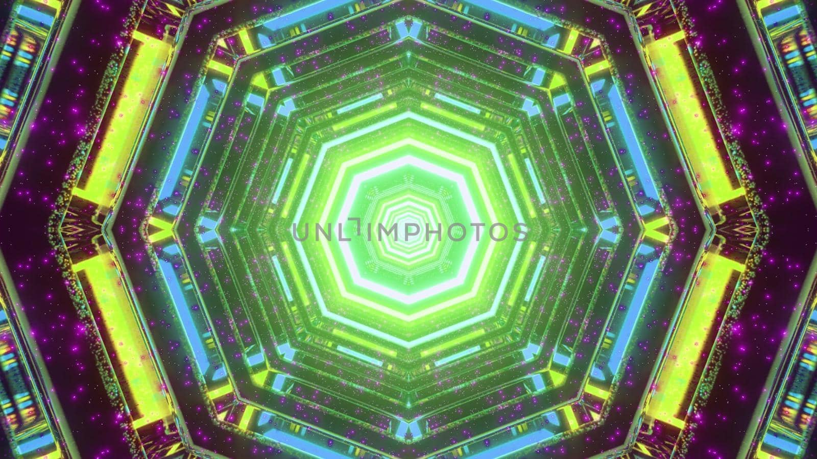 3D illustration of illuminated hexagon shaped tunnel with bright colorful neon lights as abstract background