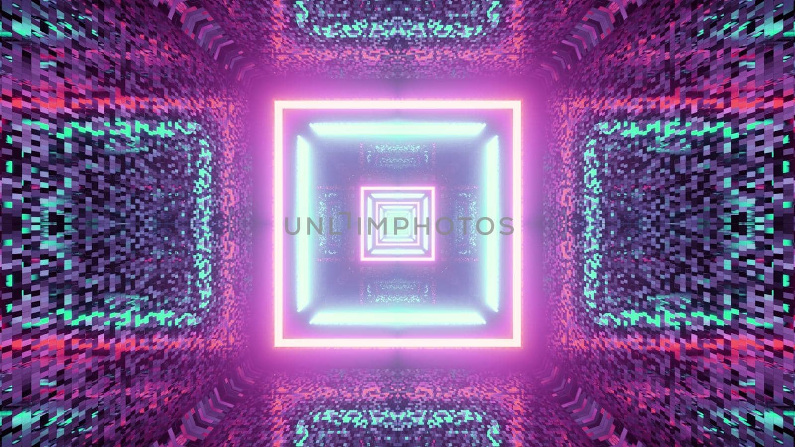 3d illustration of abstract geometrical background of tunnel with square shaped cells glowing with blue and pink neon lights
