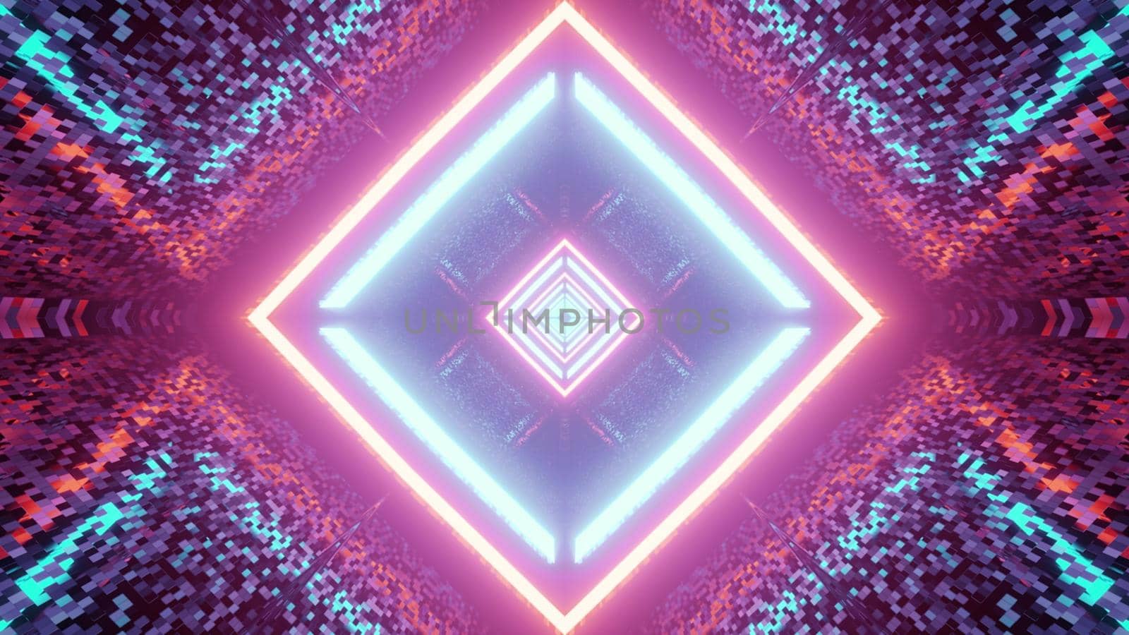 3d illustration of abstract background of endless tunnel in shape of rhombus with glowing pink and blue neon lights