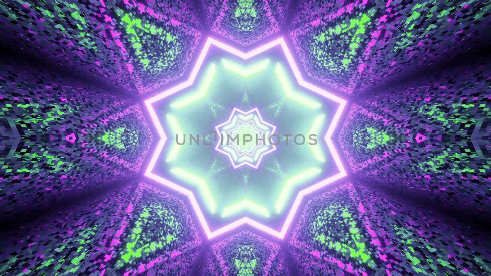 3d illustration of abstract background of flower shaped sci fi corridor with vibrant green and purple lights