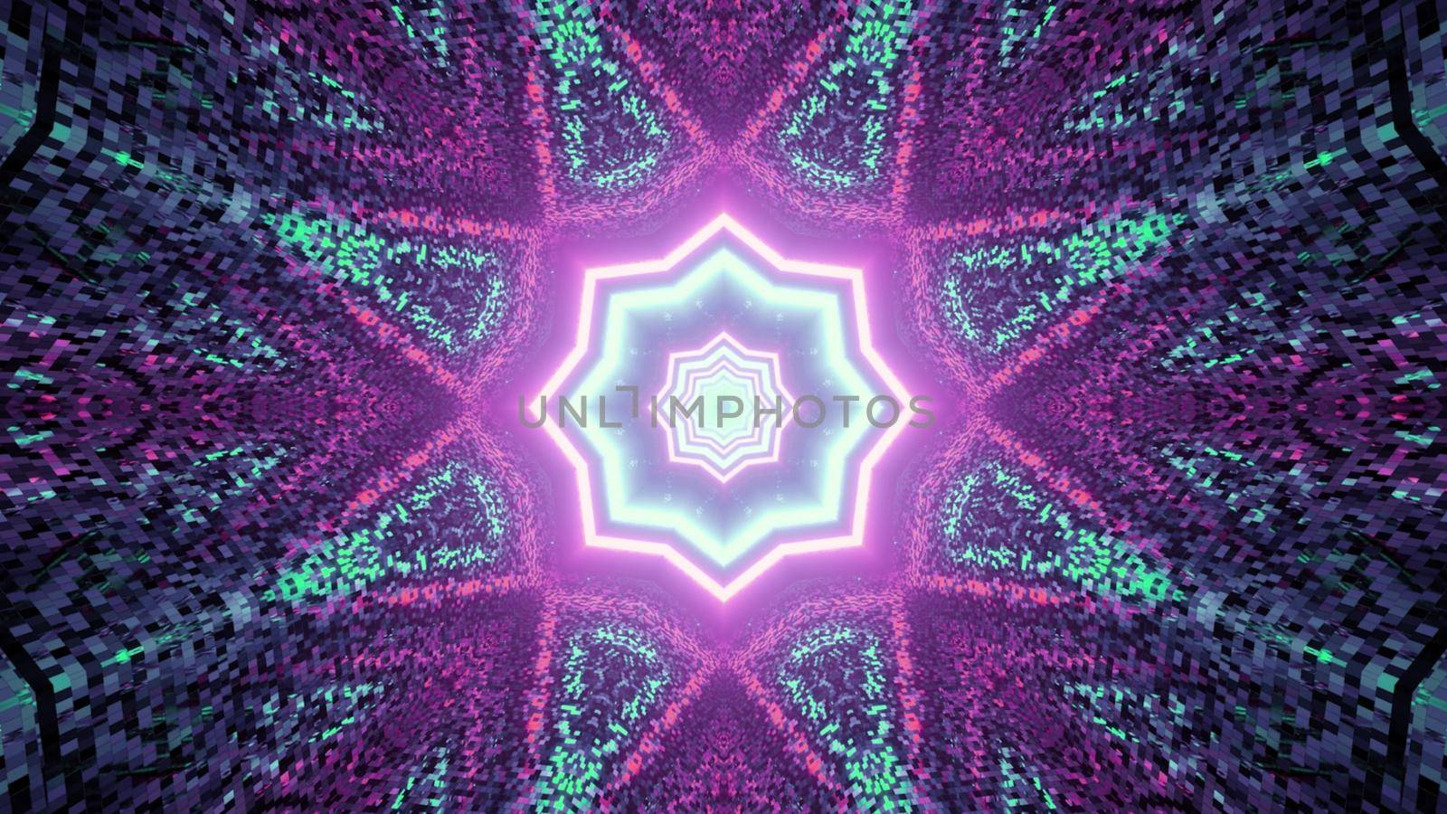 Kaleidoscopic multifaceted star shaped pattern with neon illumination in mosaic labyrinth in 3D illustration