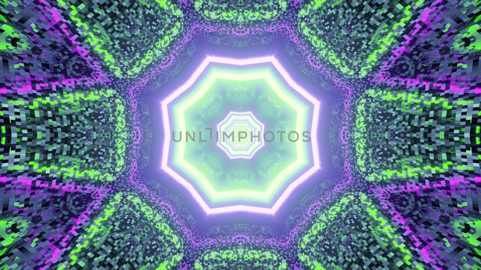3d illustration of abstract background of kaleidoscopic sci fi tunnel with glowing green and purple lights