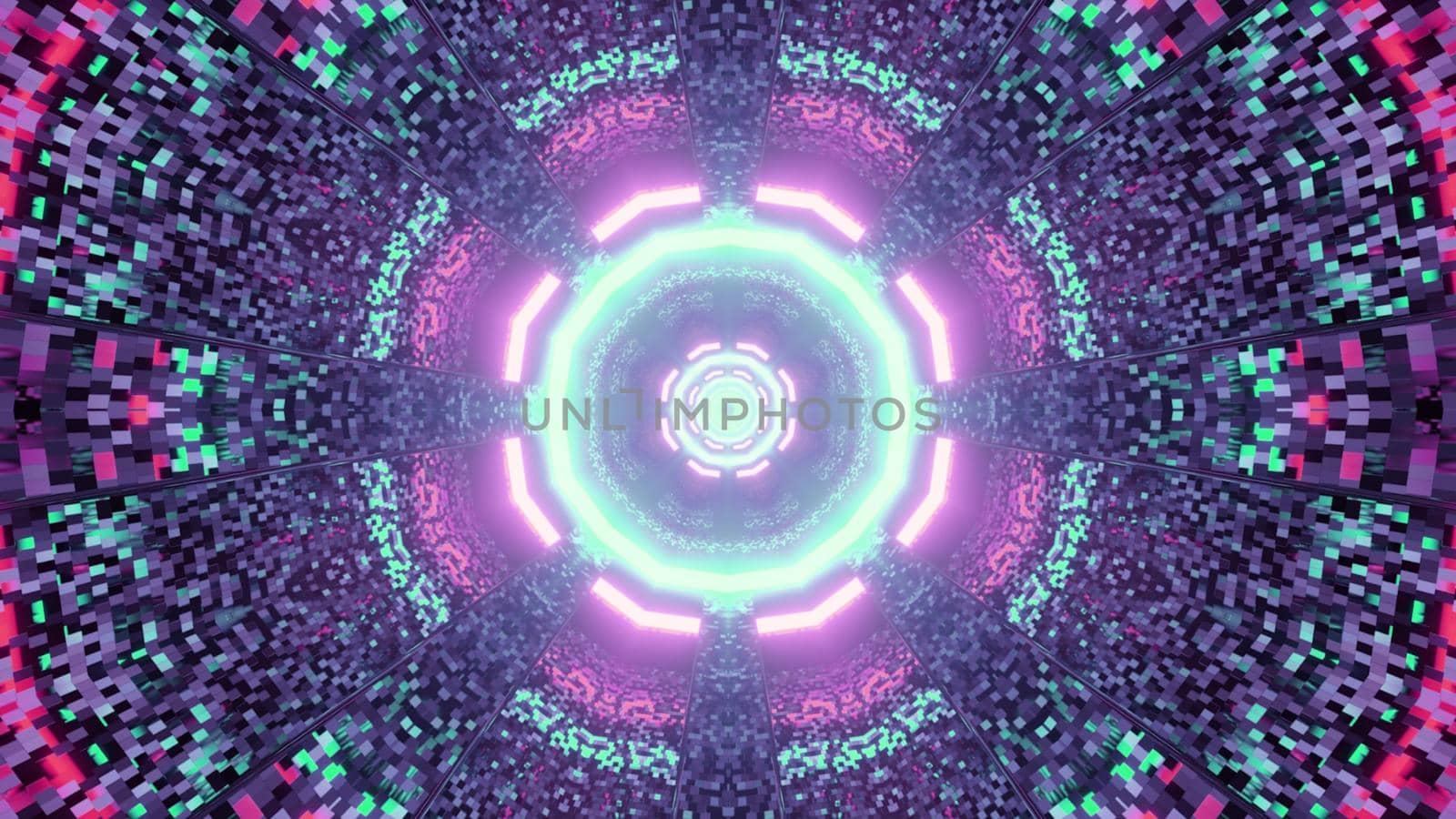 3d illustration of abstract geometrical background of sci fi tunnel illuminated by blue and pink neon colors