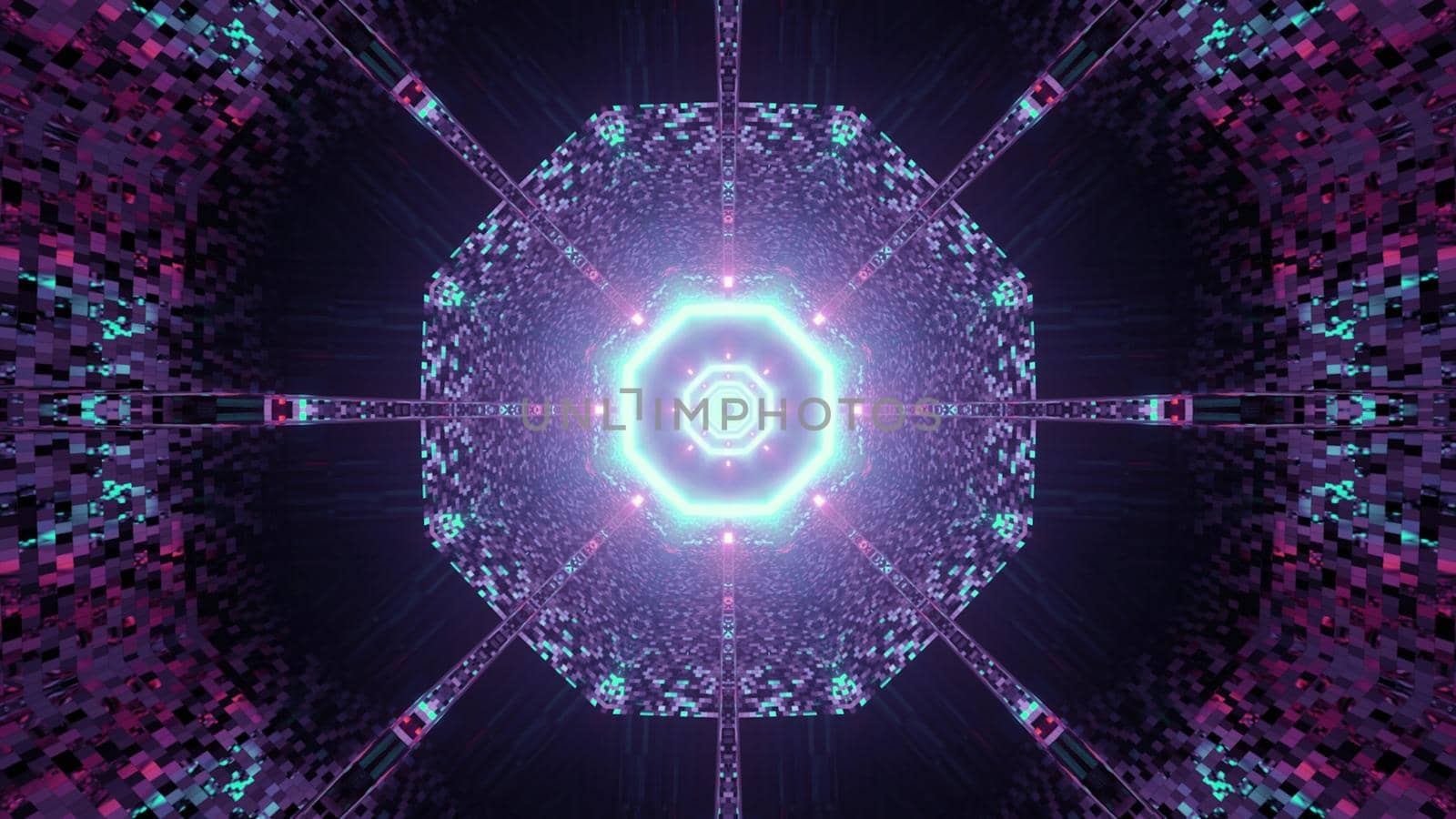 3d illustration of abstract background of round shaped sci fi tunnel with reflection of pink and blue neon lights
