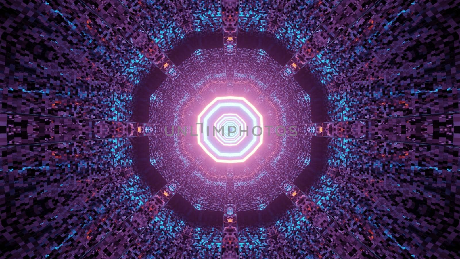 3d illustration of abstract background of neon endless tunnel in shape of circle with glowing red and blue lights
