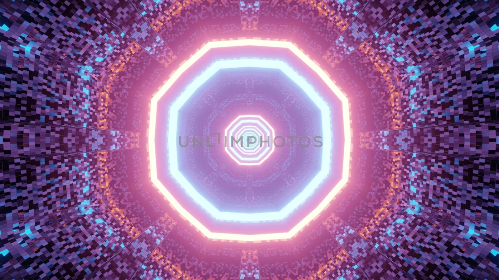 3d illustration of abstract background of glowing sci fi corridor with geometric shapes with red and blue neon lights