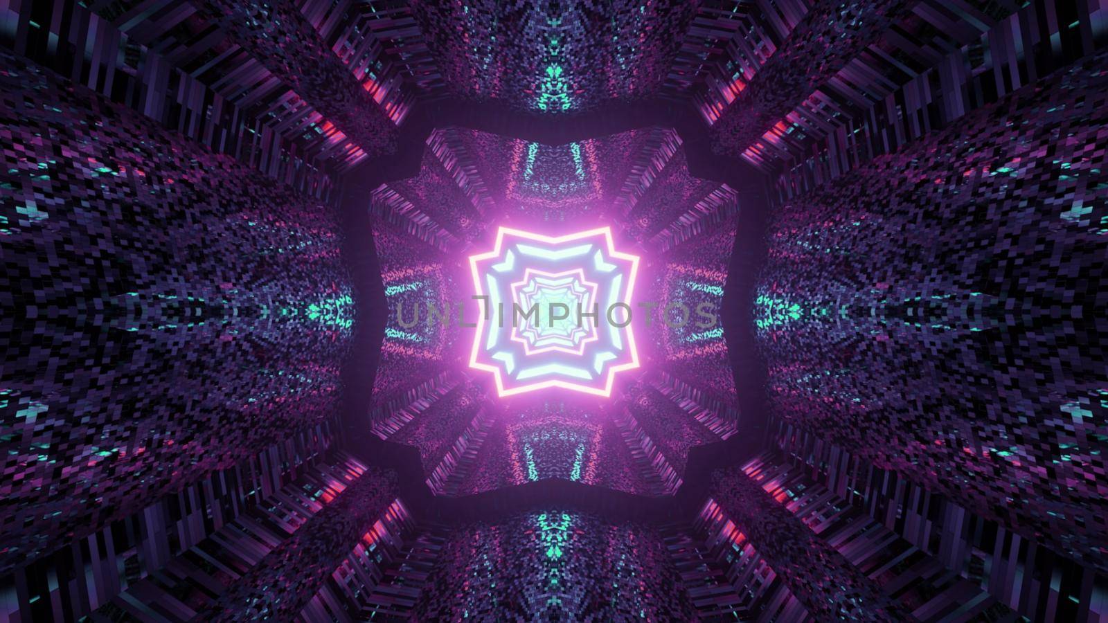3D illustration of creative geometric pattern with neon light reflecting in tiled walls of dark tunnel