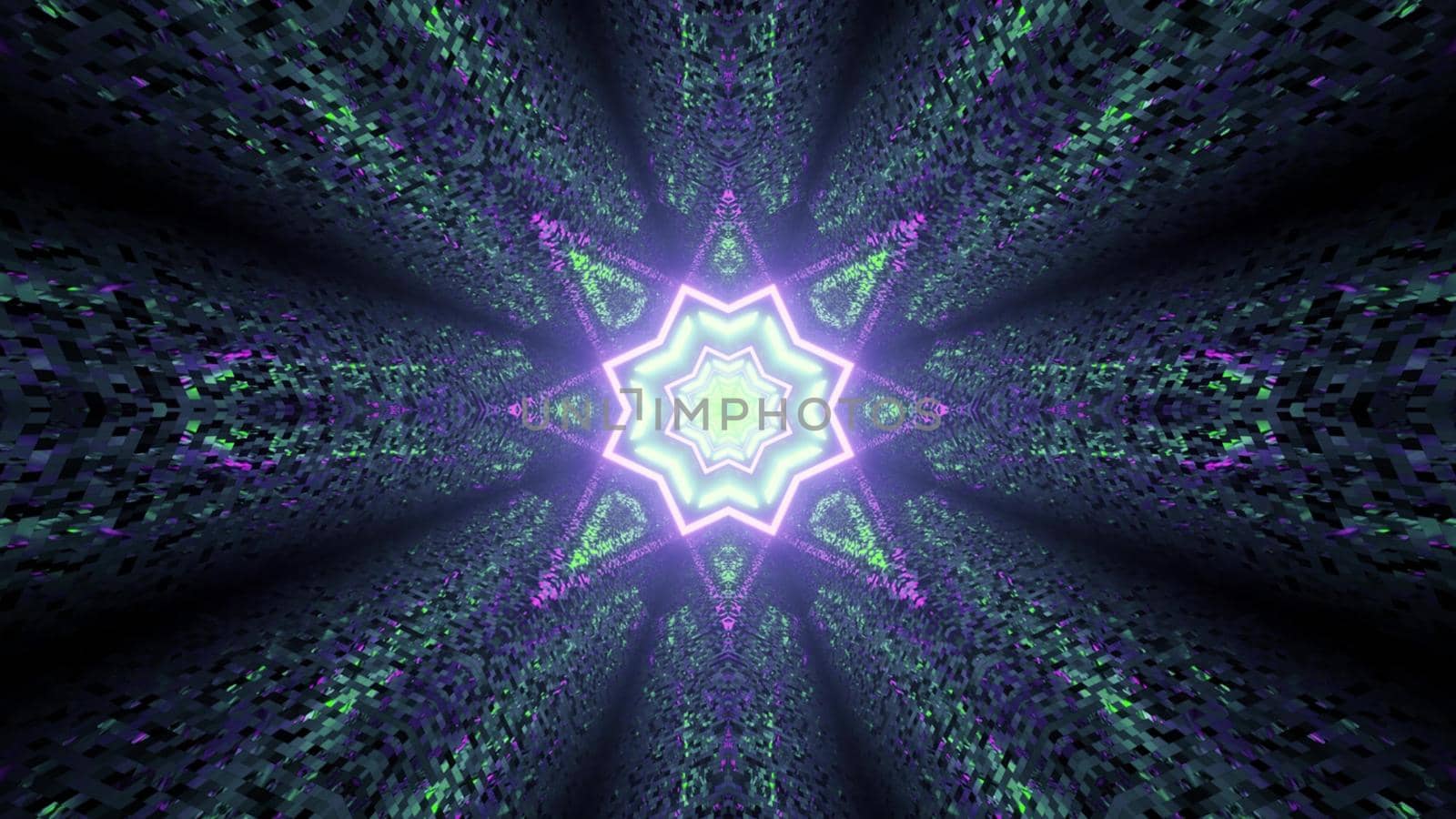 3D illustration of creative star shaped ornamental pattern with colorful neon light reflecting in tiled surface in darkness