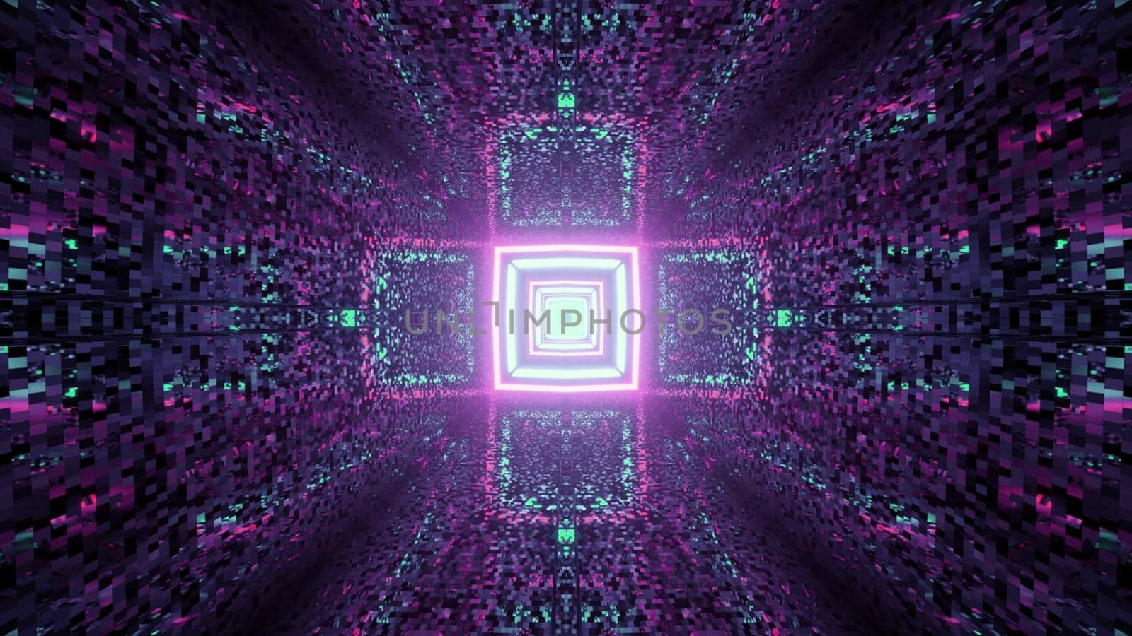 3D illustration of dark tunnel with tiled walls and geometric lines with neon lights forming cross shaped pattern