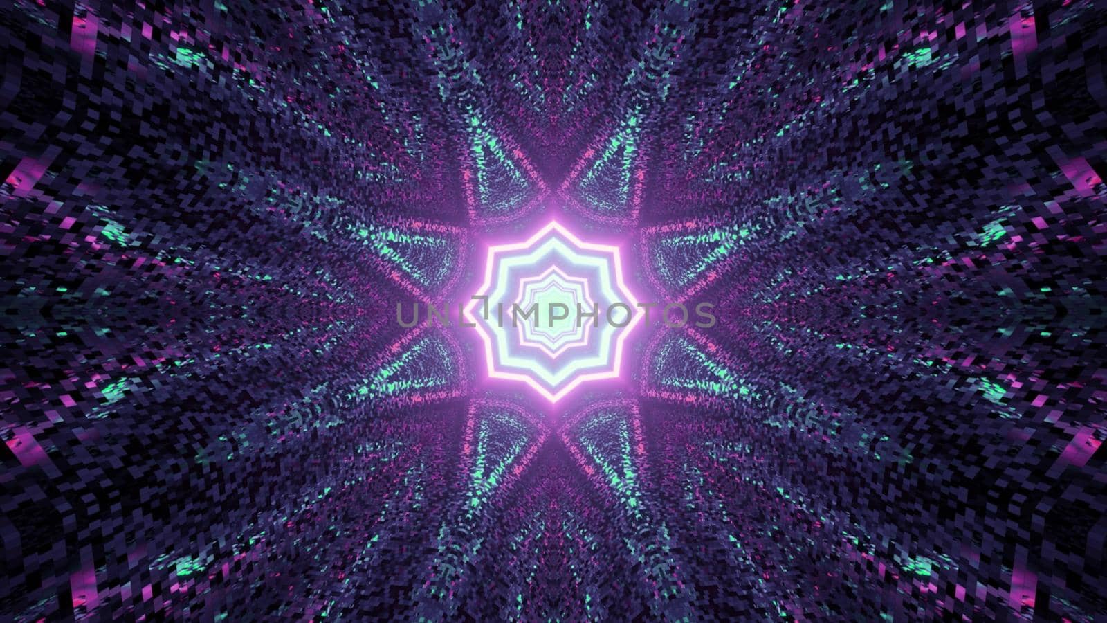 3D illustration of graphic mosaic pattern with glowing star shaped abstract ornament in dark tunnel