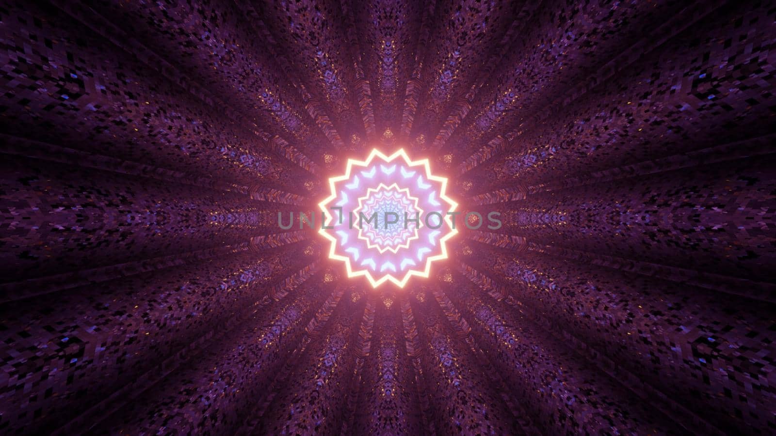 3D illustration of creative ornamental pattern with glowing multifaceted star shaped abstraction in dark tunnel