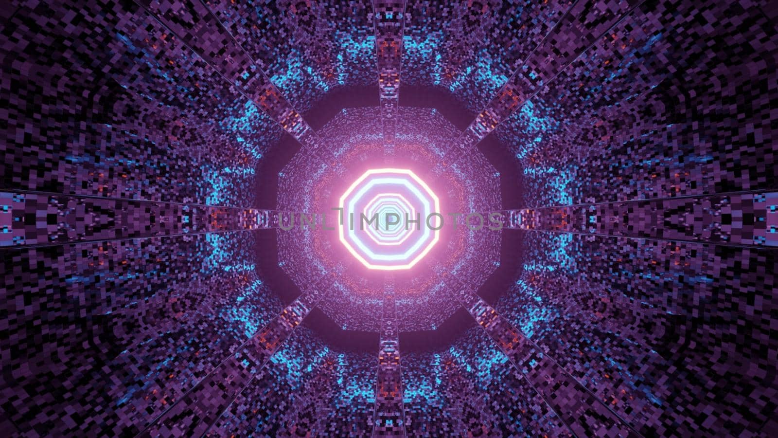 3d illustration perspective view through futuristic sci fi tunnel of octagonal shape with luminous neon lines and diffused colors for abstract background design