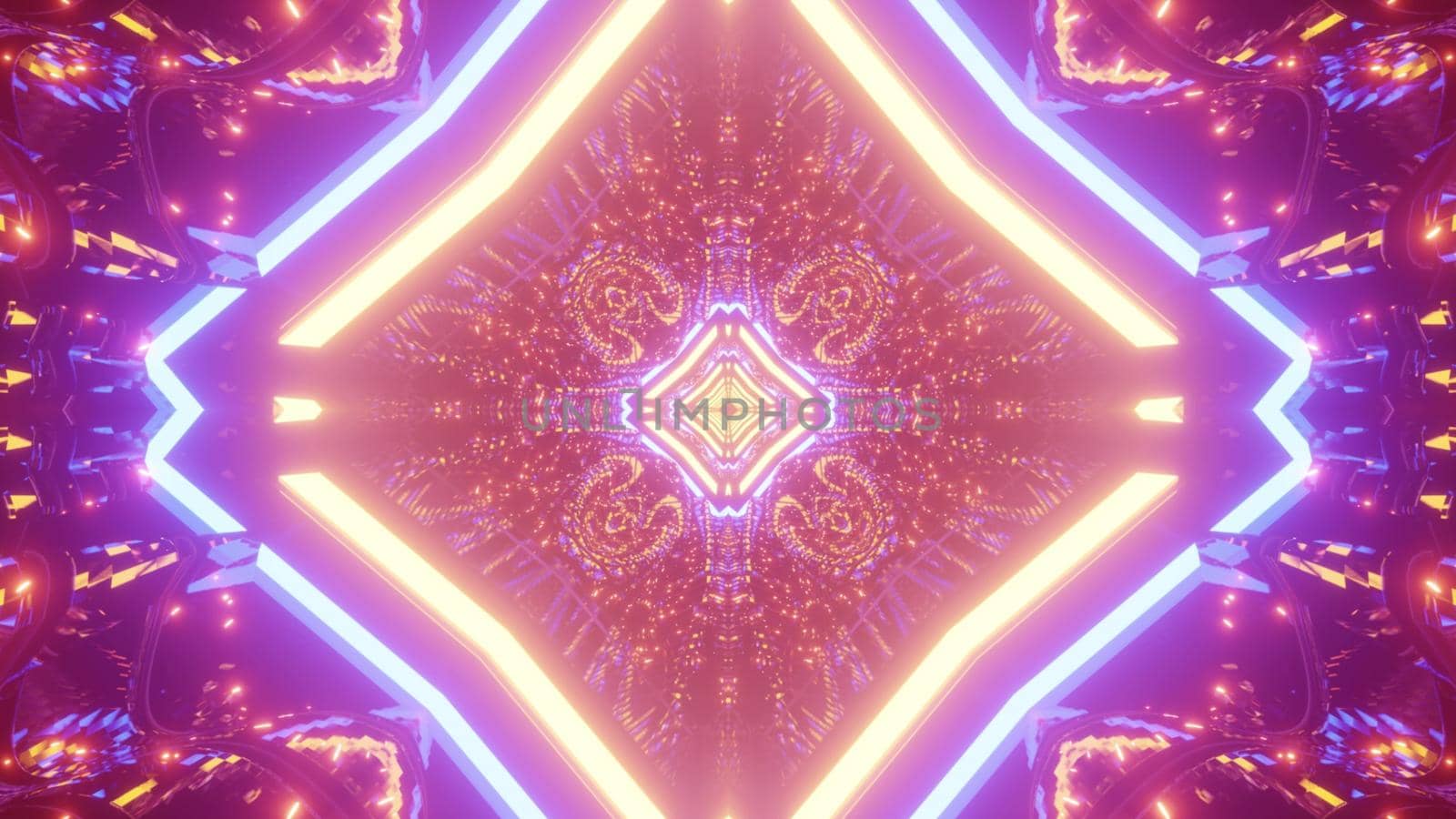 Symmetric 3D illustration of bright rhombus shaped tunnel with abstract ornament shimmering with colorful neon lights