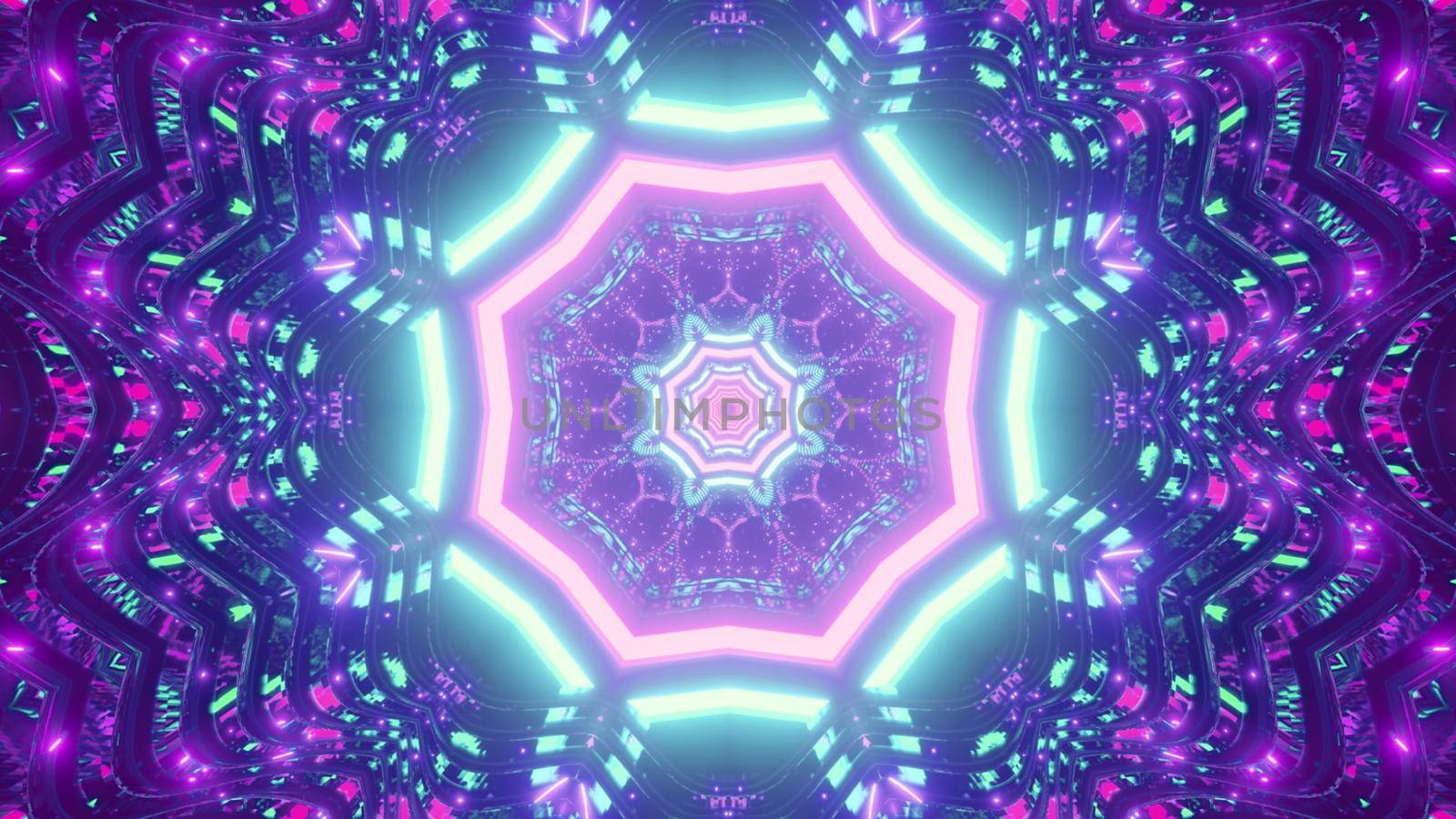 Symmetric 3D illustration of bright blue and violet neon lines forming octagon tunnel and repetitive abstract ornament