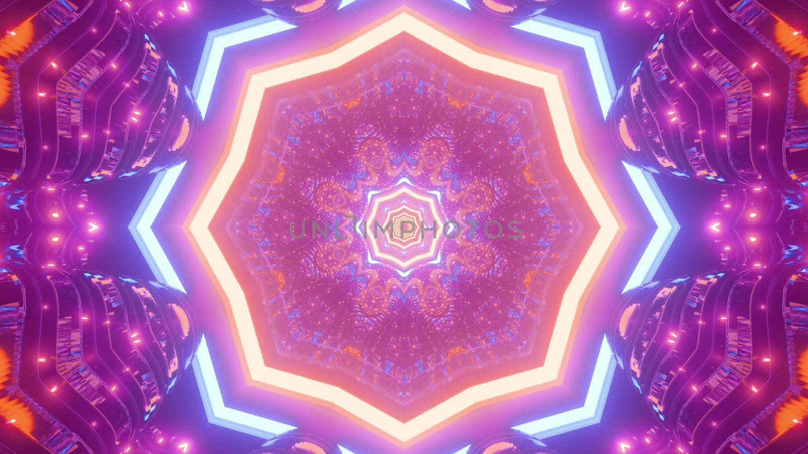 3D illustration of bright octagon shaped tunnel with fractal ornament shining with colorful neon illumination