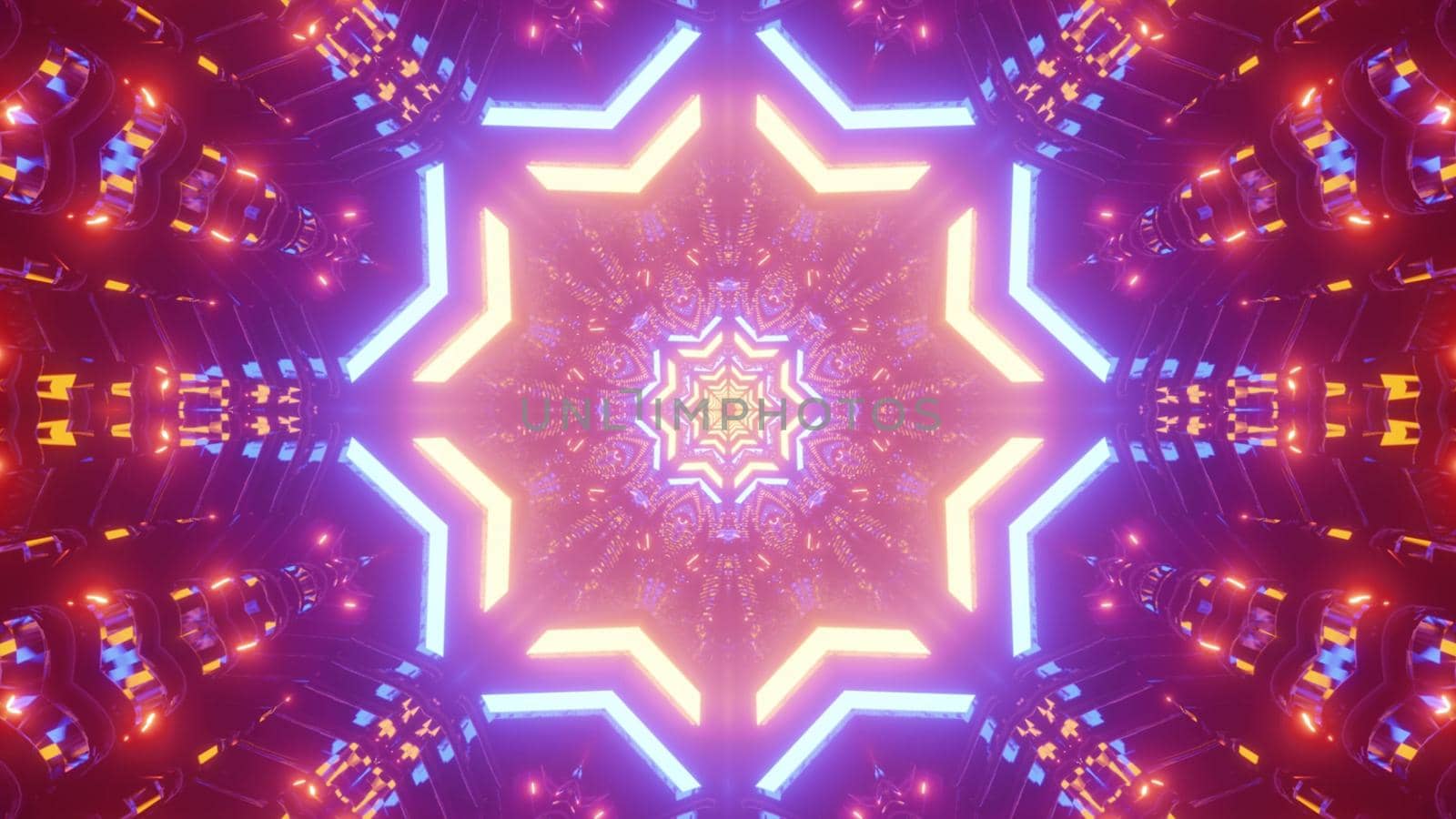 Vivid 3D illustration of colorful neon lights shimmering and forming star shaped ornament inside abstract futuristic tunnel
