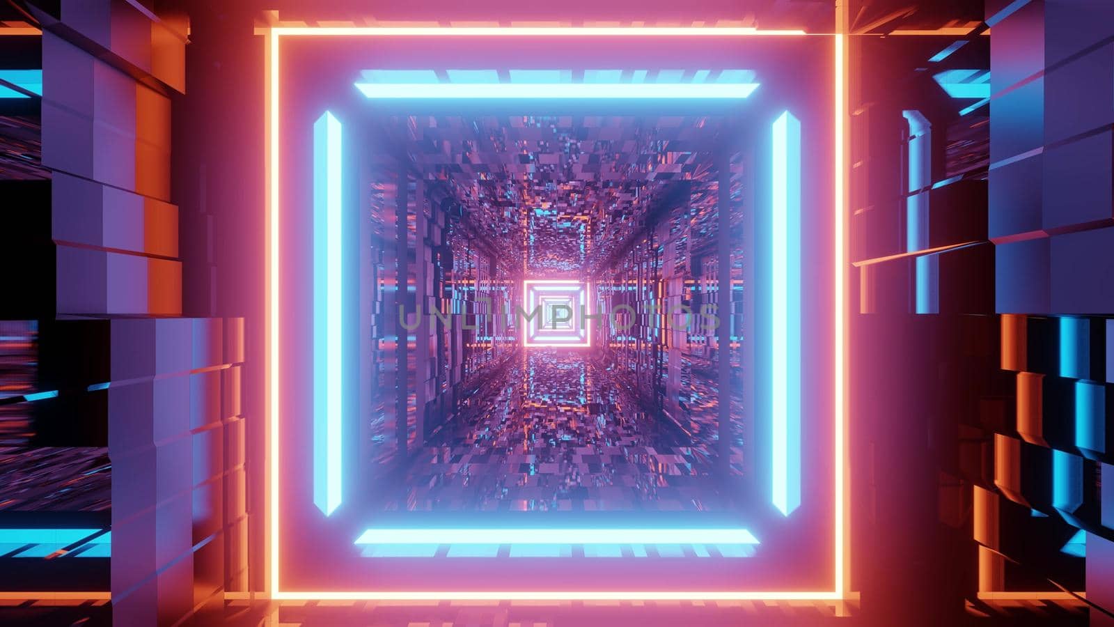 Abstract 3D illustration of colorful square tunnel with distorted ornament on walls glowing with neon lights