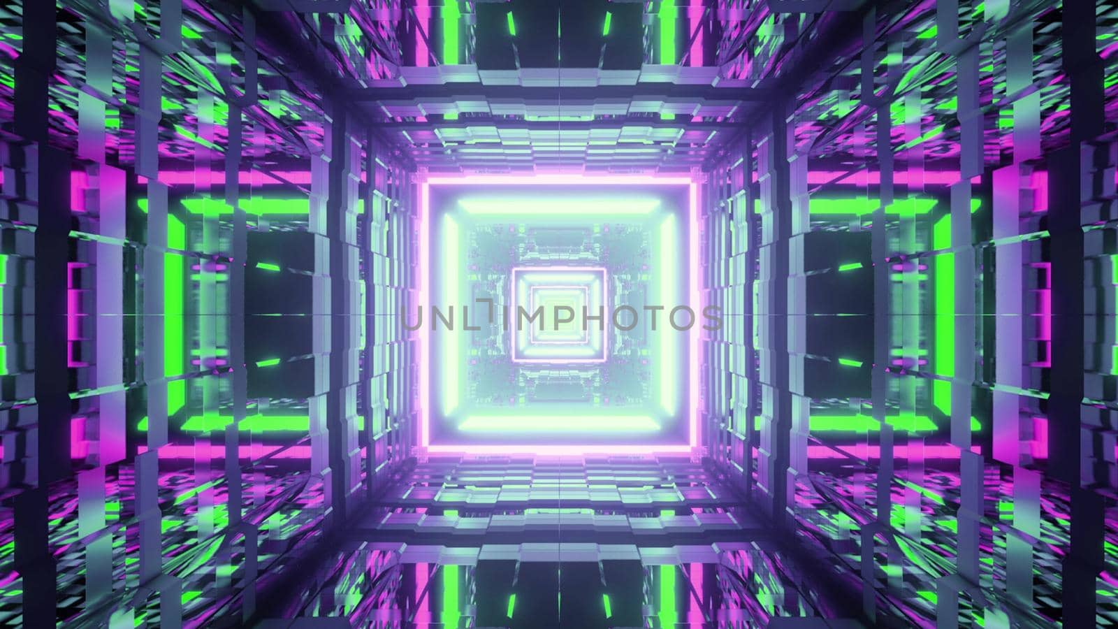 3D illustration of colorful geometric tunnel with square ornament and reflective glass walls shining with neon light