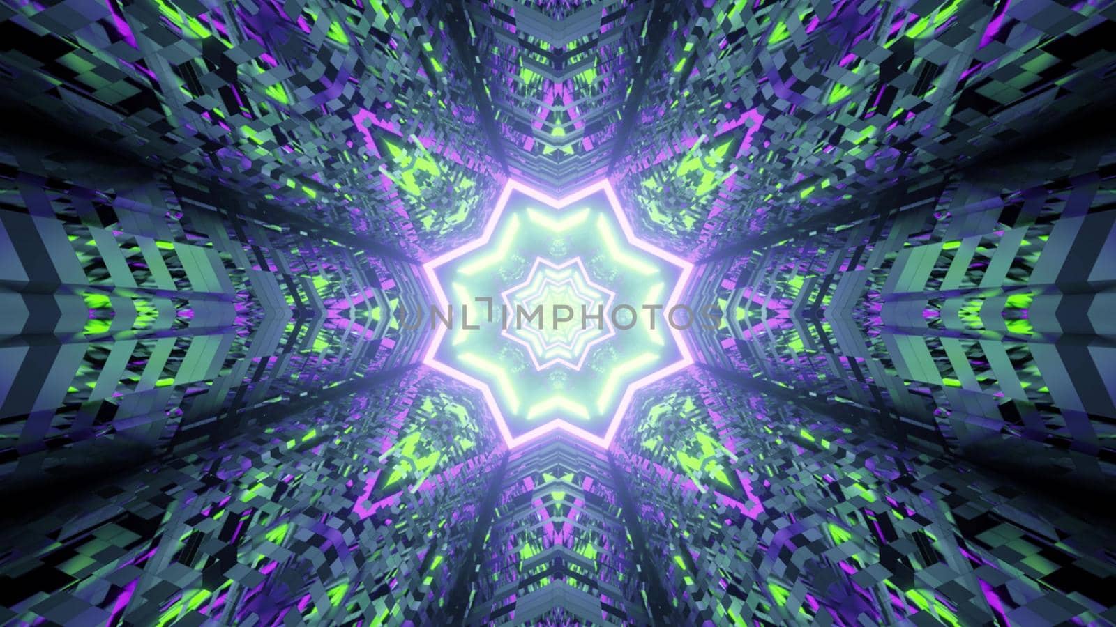 3D illustration of colorful distorted ornament forming star shaped tunnel glowing with neon light