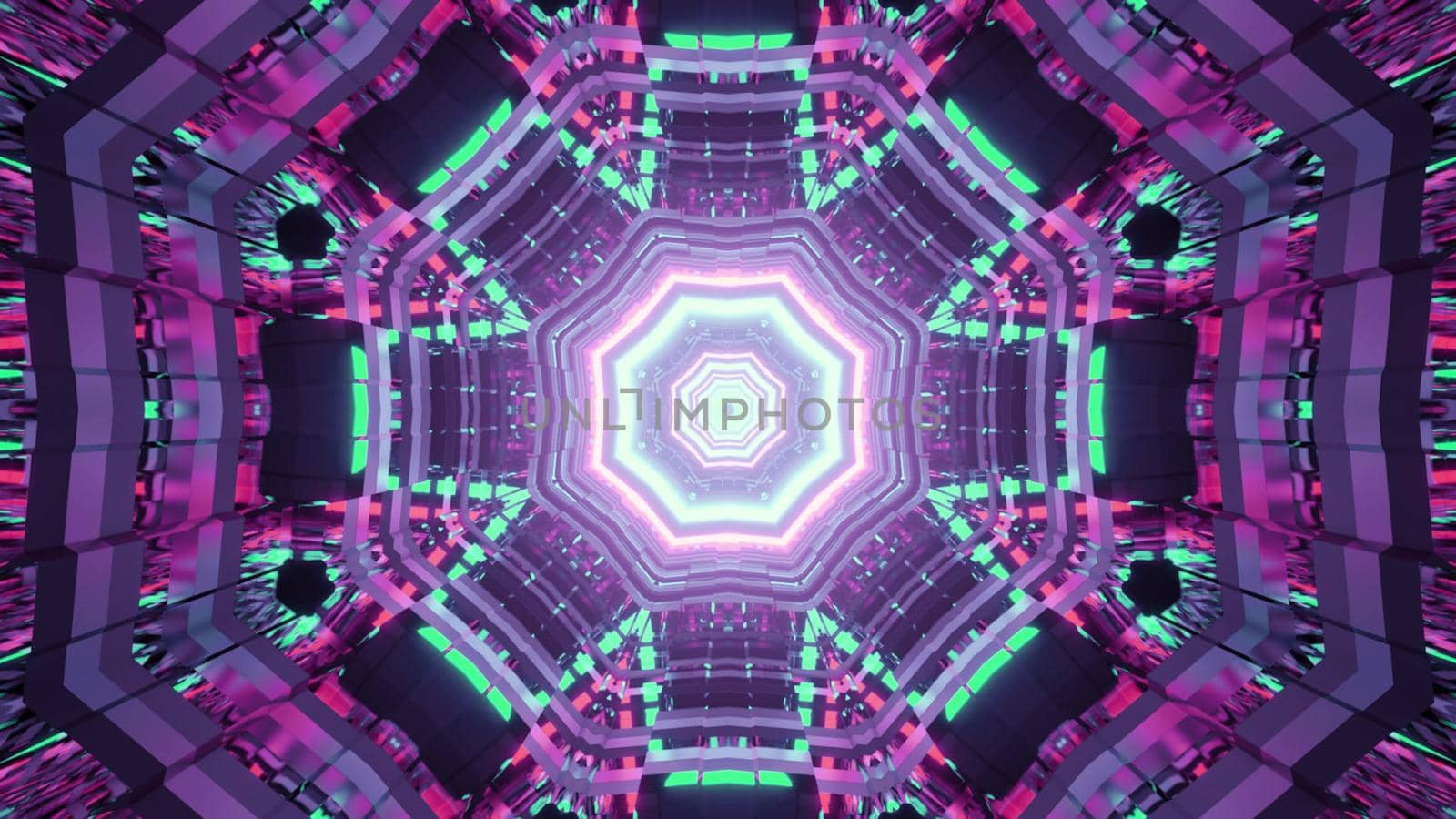 Abstract 3D illustration of multicolored neon lights shining brightly and forming futuristic tunnel