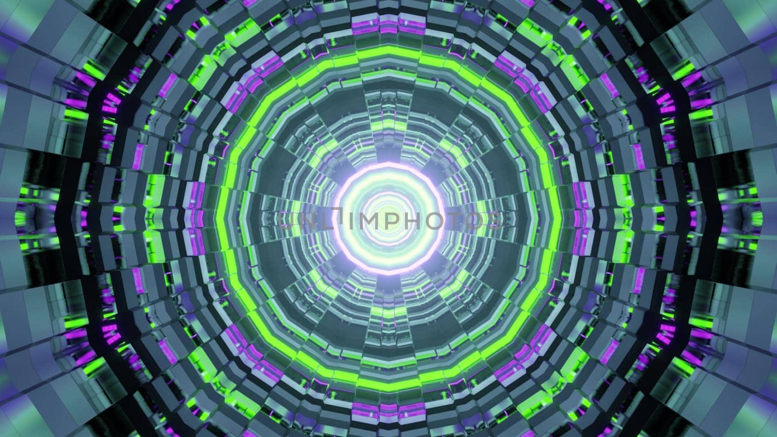 3D illustration of abstract distorted ornament glowing with neon light and forming round tunnel