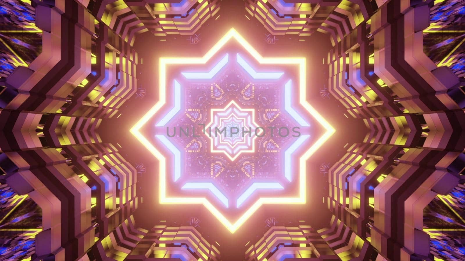 Symmetric 3D illustration of bright star shaped ornament glowing inside futuristic abstract tunnel
