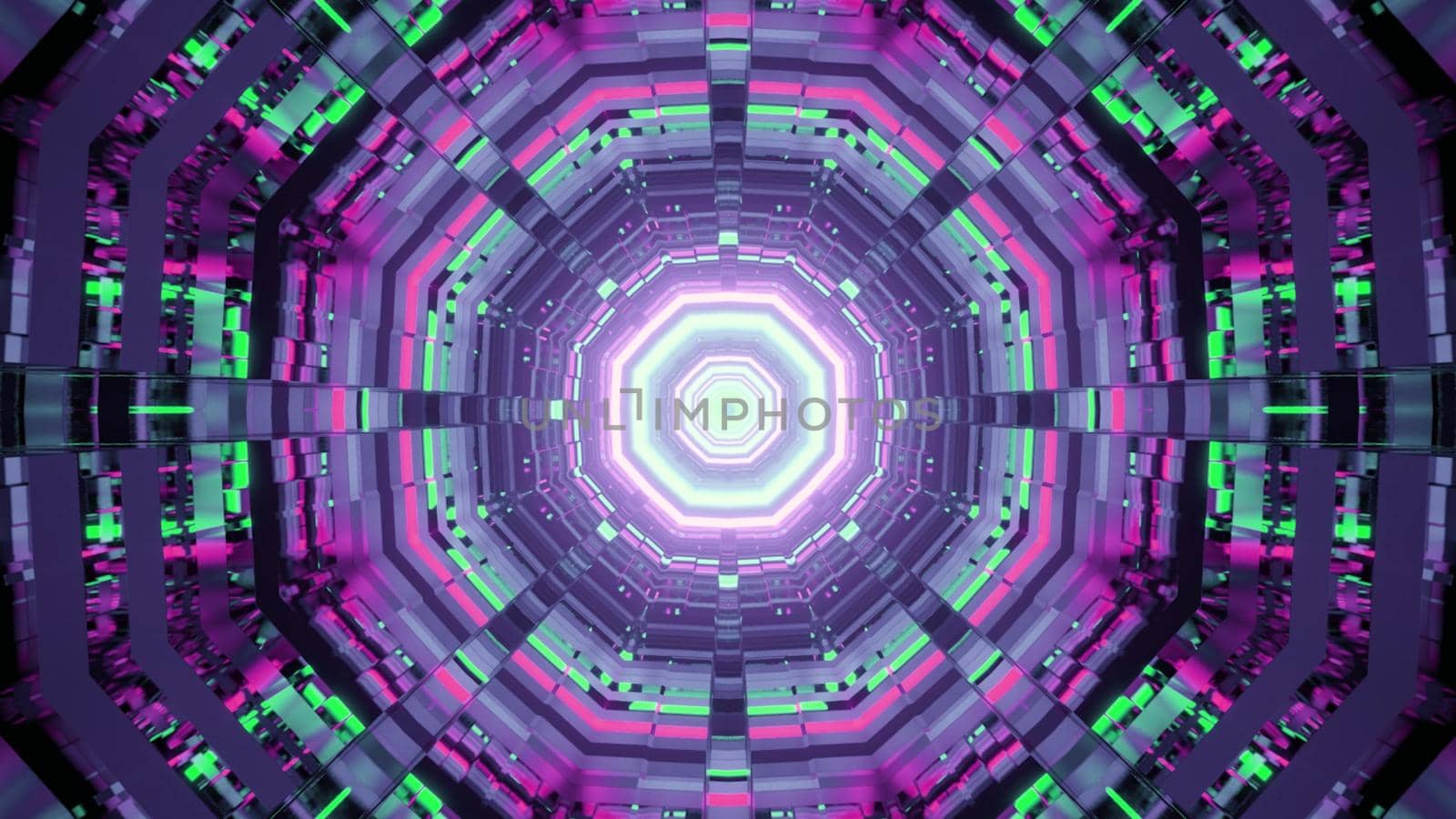 3d illustration of abstract background of geometric tunnel with round shapes glowing with neon illumination