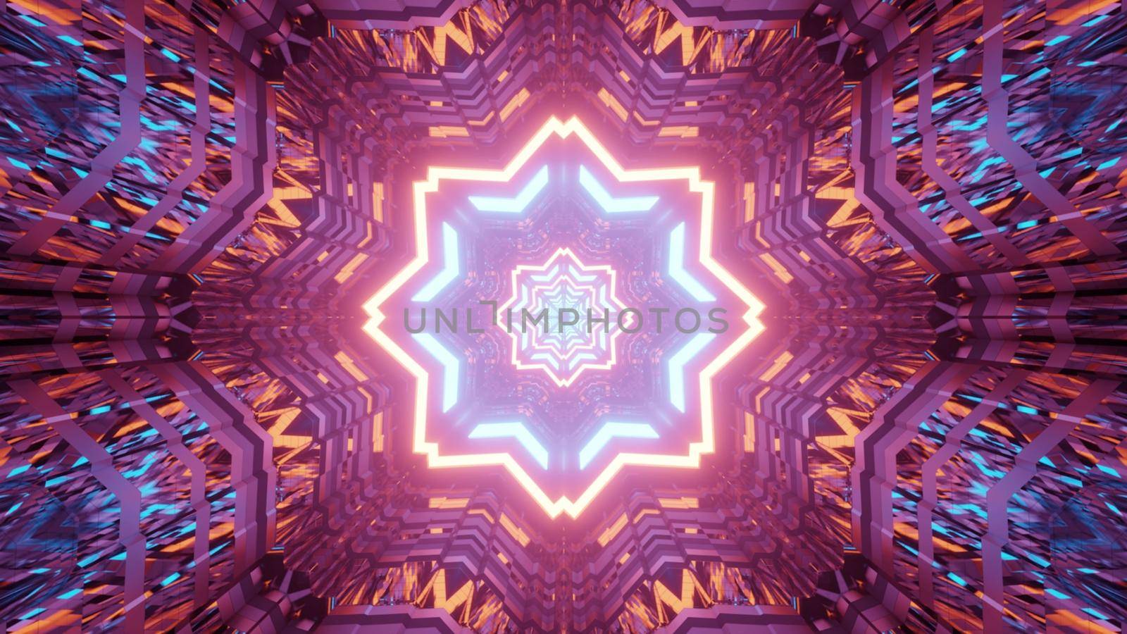 3d illustration of abstract geometrical background of endless star shaped tunnel with reflection of colorful neon lights