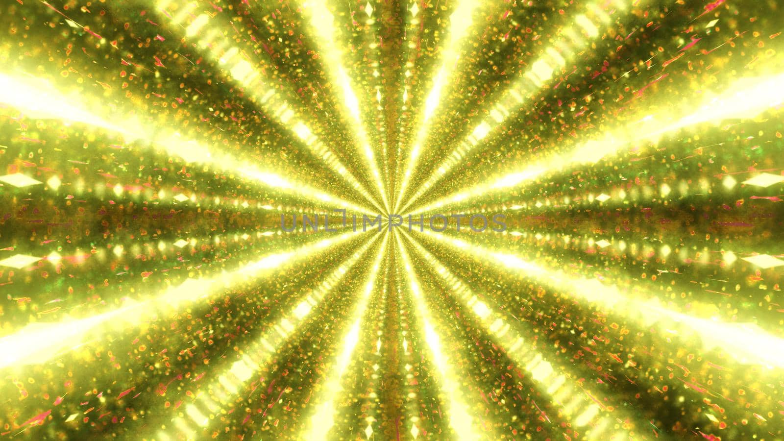 Graphic art of abstract 3D illustration representing endless tunnel illuminated by glowing golden light beams