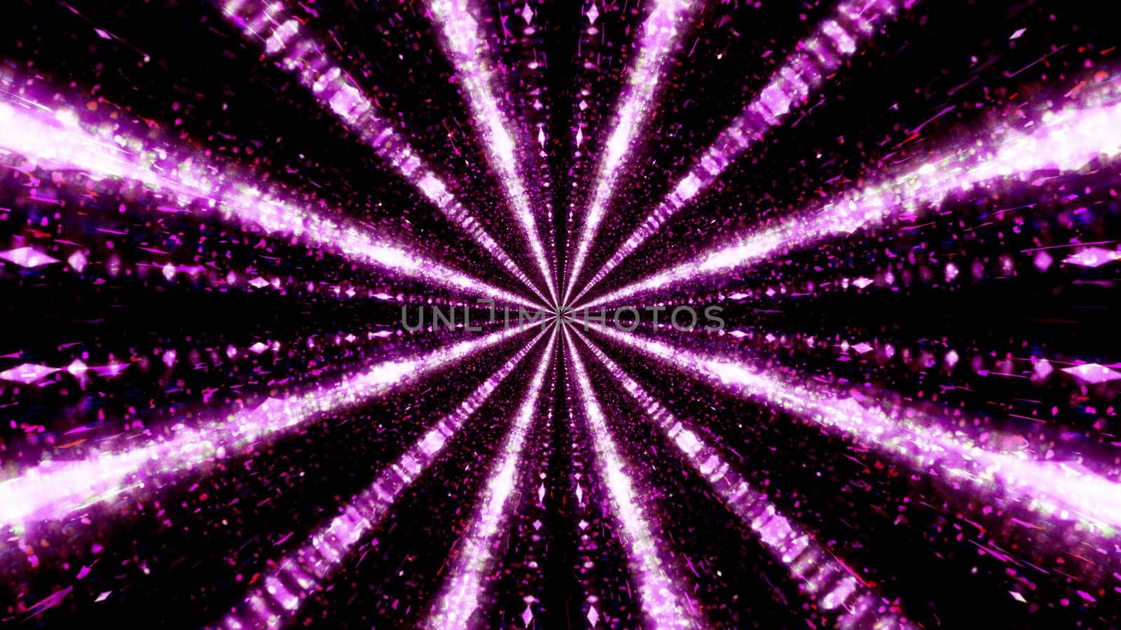 Creative graphic art of 3D illustration representing endless tunnel illuminated by shiny light rays and particles moving fast