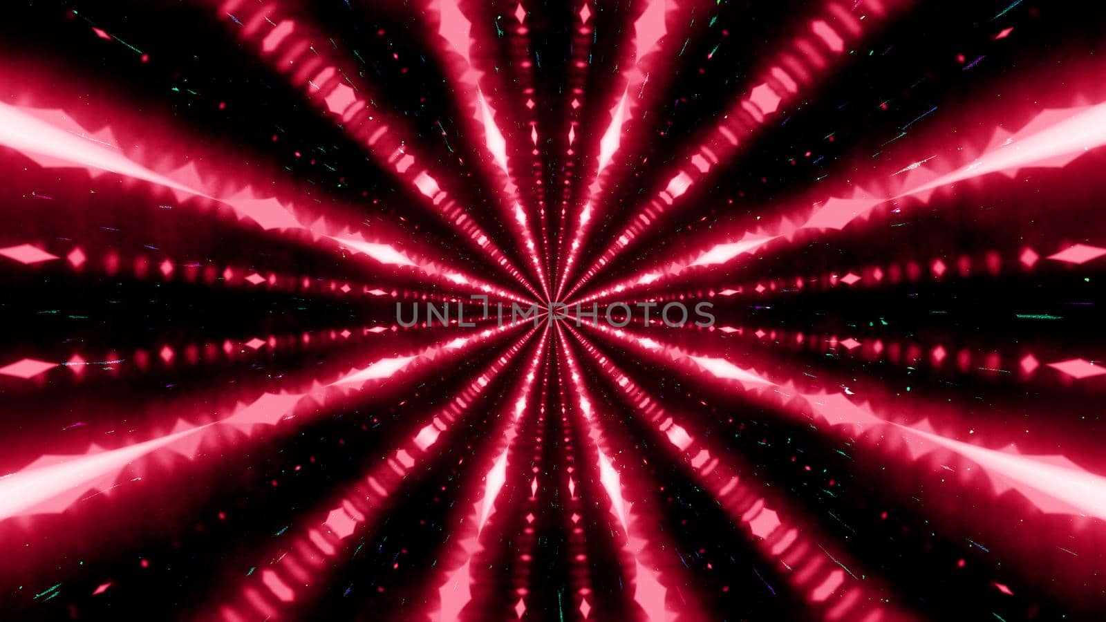 Abstract graphic art of 3D illustration representing endless tunnel in motion with shiny light beams