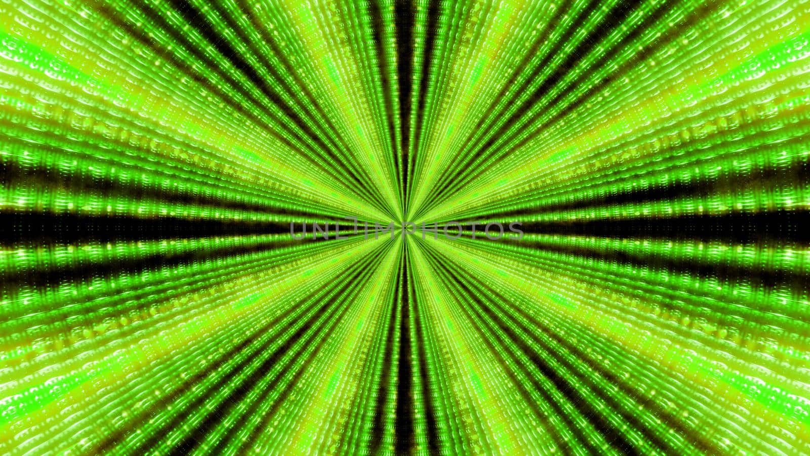 Graphic art of 3D illustration representing endless tunnel illuminated by colorful wavy light rays