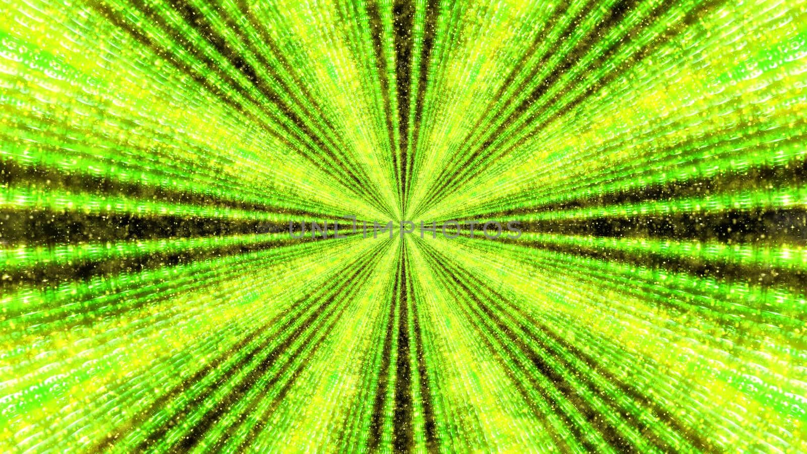 Creative design of abstract 3D illustration representing endless tunnel illuminated by colorful light rays moving fast