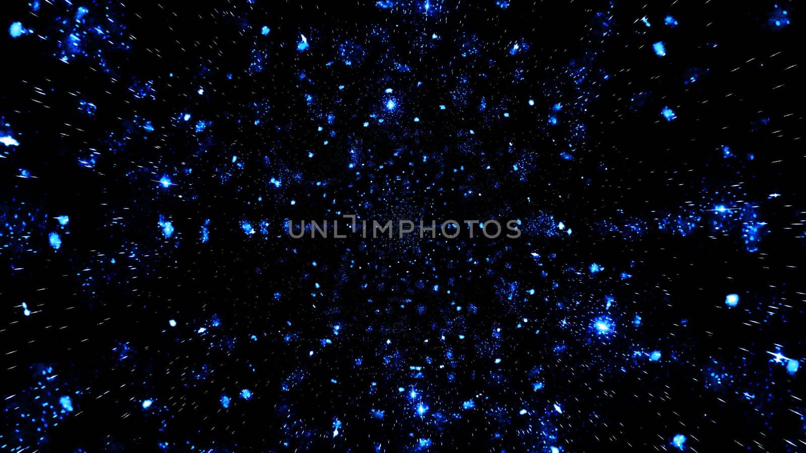 3D illustration of bright blue neon lights glowing and reflecting in dark endless tunnel as abstract background