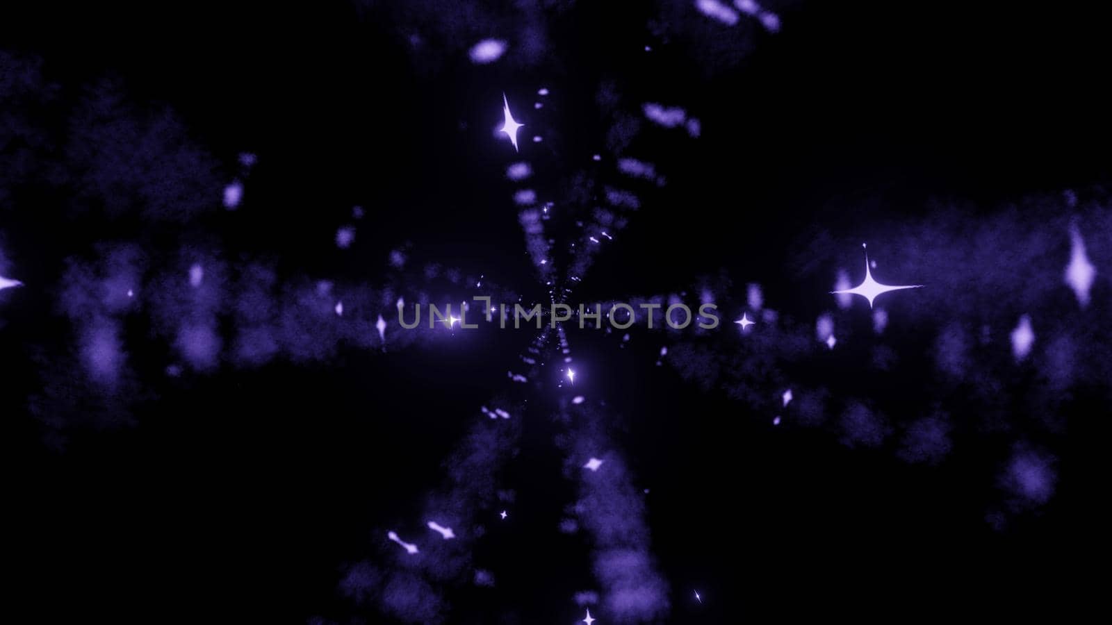 3D illustration of bright purple neon rays creating abstract pattern in dark tunnel