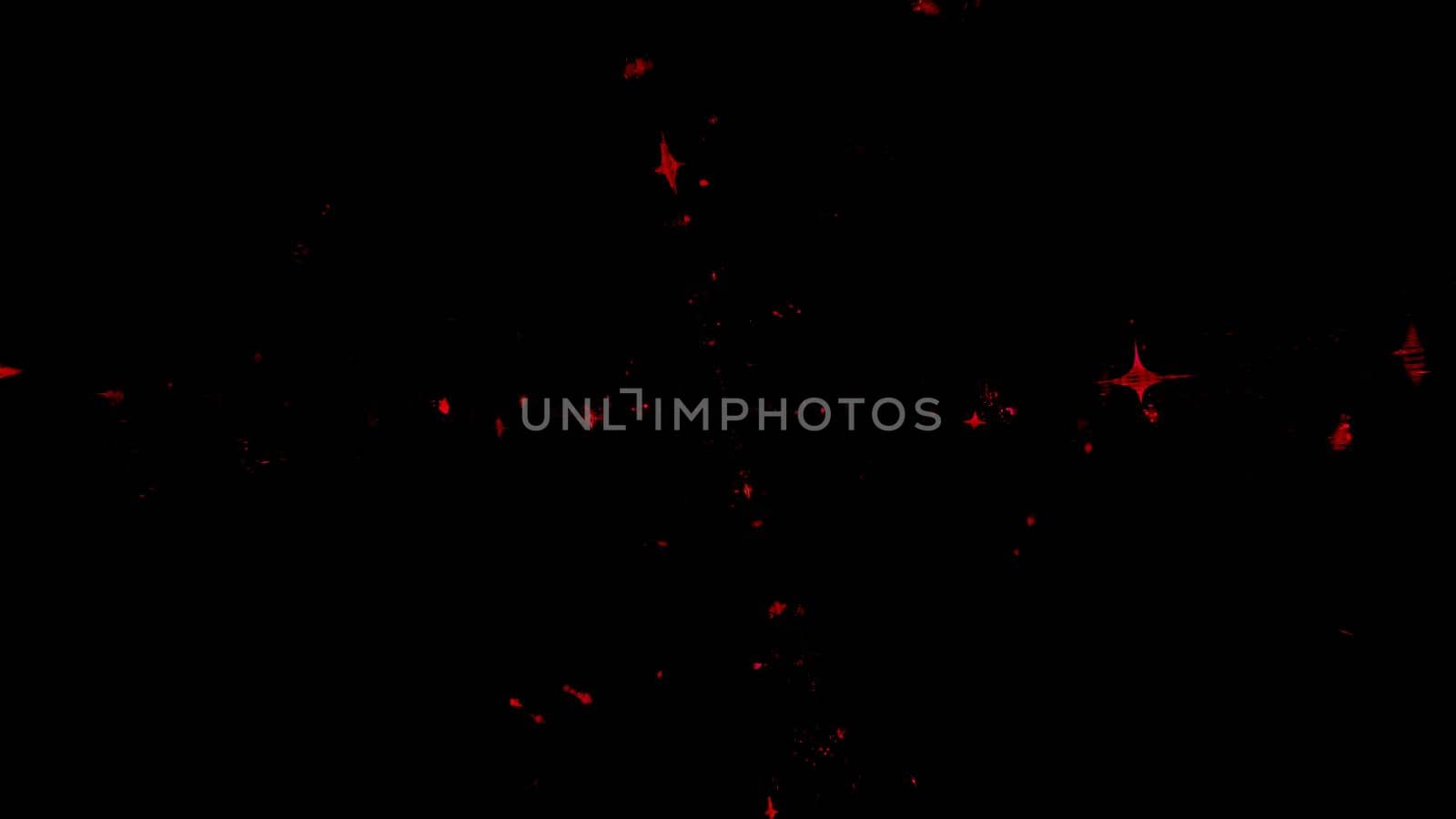 Abstract 3d illustration of dim red lights and particles glowing chaotically on black background