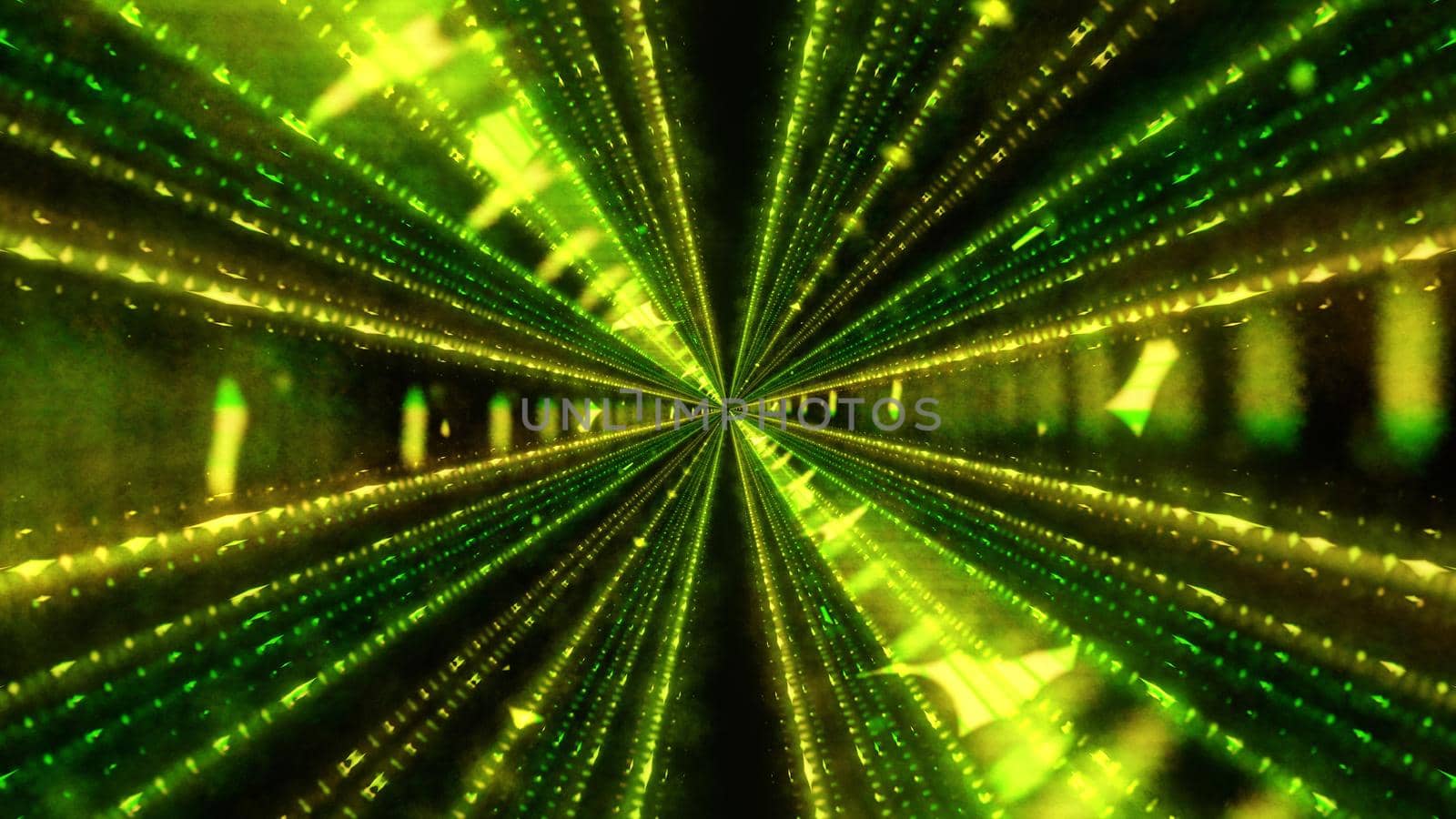 3D illustration of vivid green beams shining with neon light and forming symmetric ornament