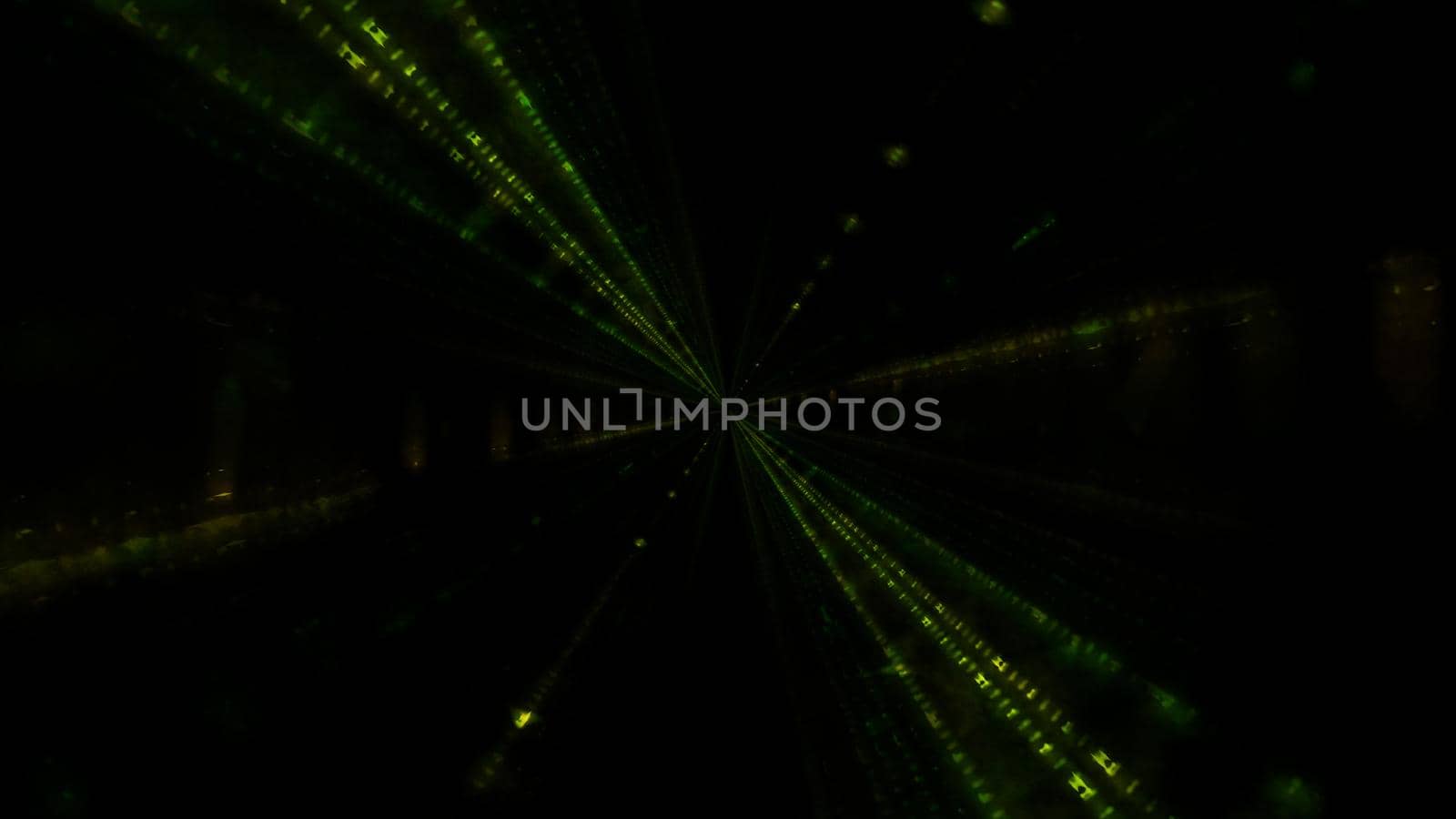 Abstract 3D illustration of dim green beams glowing with neon light in darkness