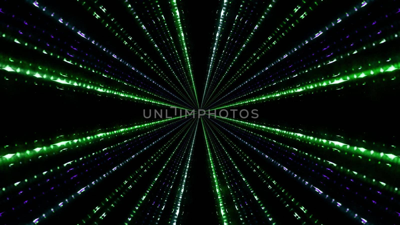 Symmetric 3D illustration of green and blue neon rays forming abstract ornament in darkness