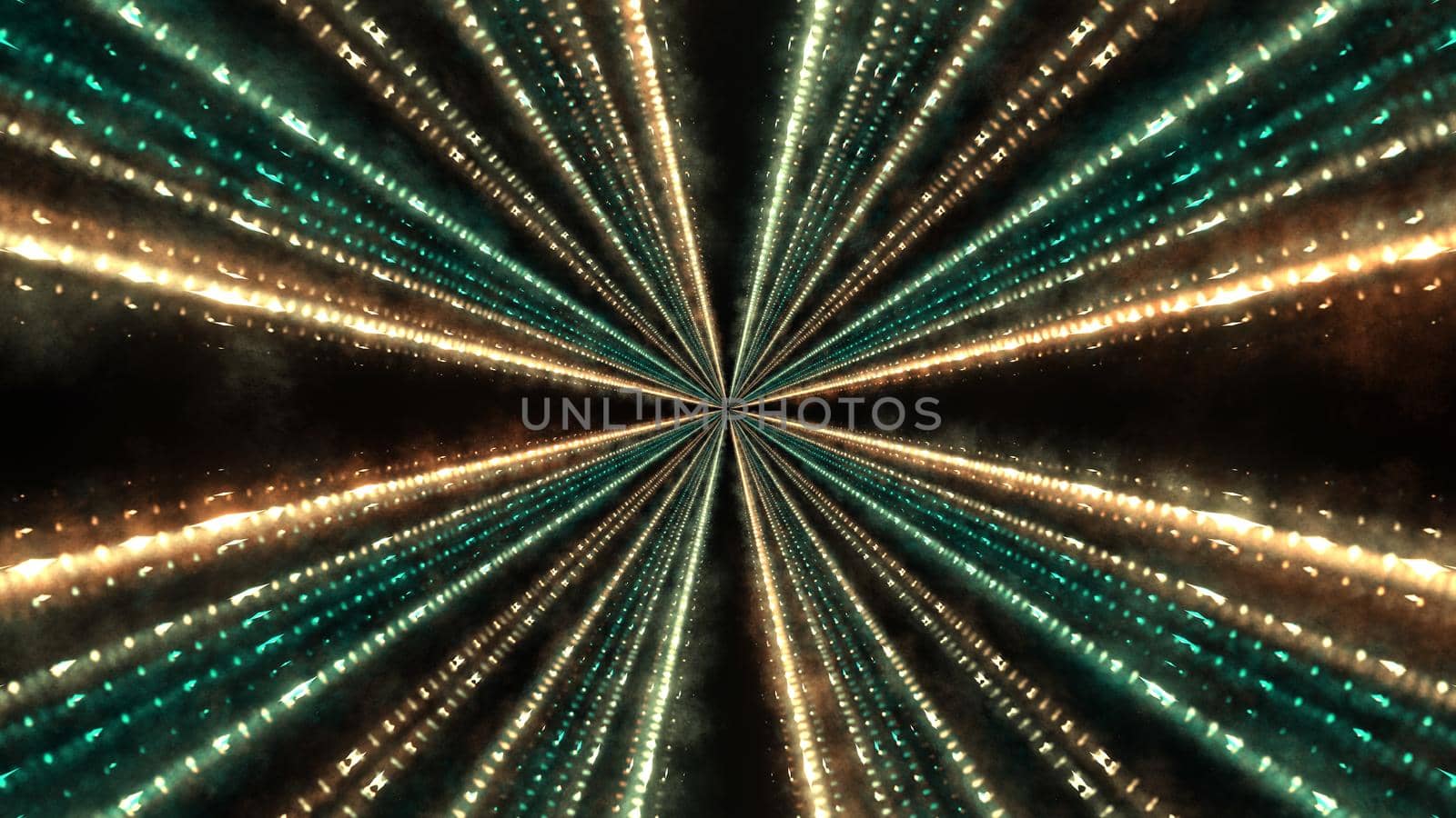Symmetric 3D illustration of vibrant yellow and green lines shining from center of abstract ornament