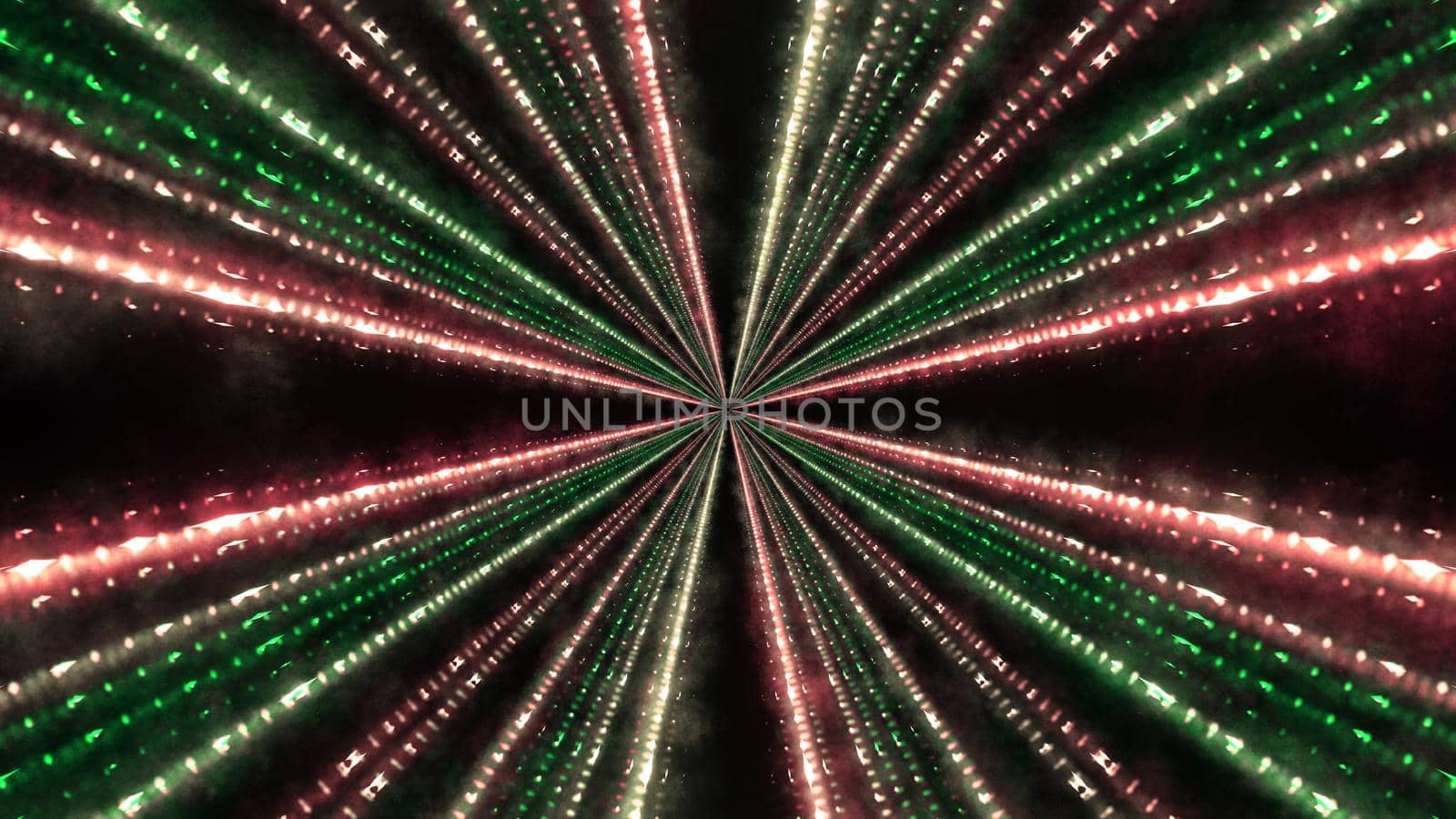 3D illustration of multicolored neon rays shining brightly and forming symmetric abstract ornament