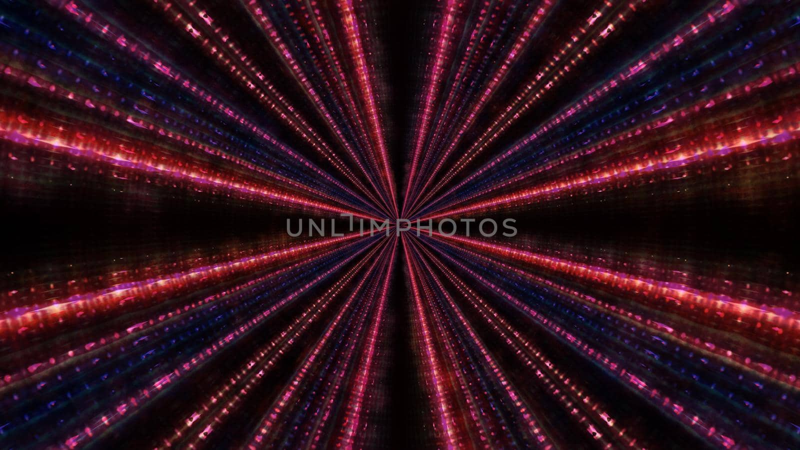 Abstract 3D illustration of vivid rays glowing with red neon light in darkness