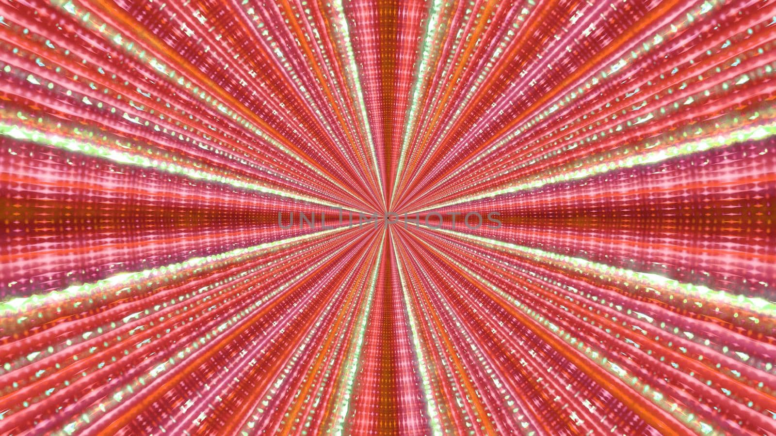 Symmetric 3D illustration of vibrant colorful beams shining with neon light from center and forming abstract ornament